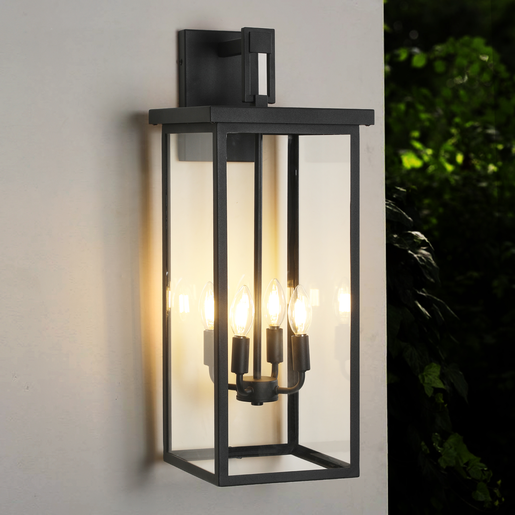 (Same as W1340119951/L1013) 26″(H) 1ps Modern Outdoor Wall Lanterns with Black Metal Frame and Clear Glass, 4 E12 Bulb Socket, Weatherproof Wall Sconces for Porch, Garden, Patio (No Bulbs)