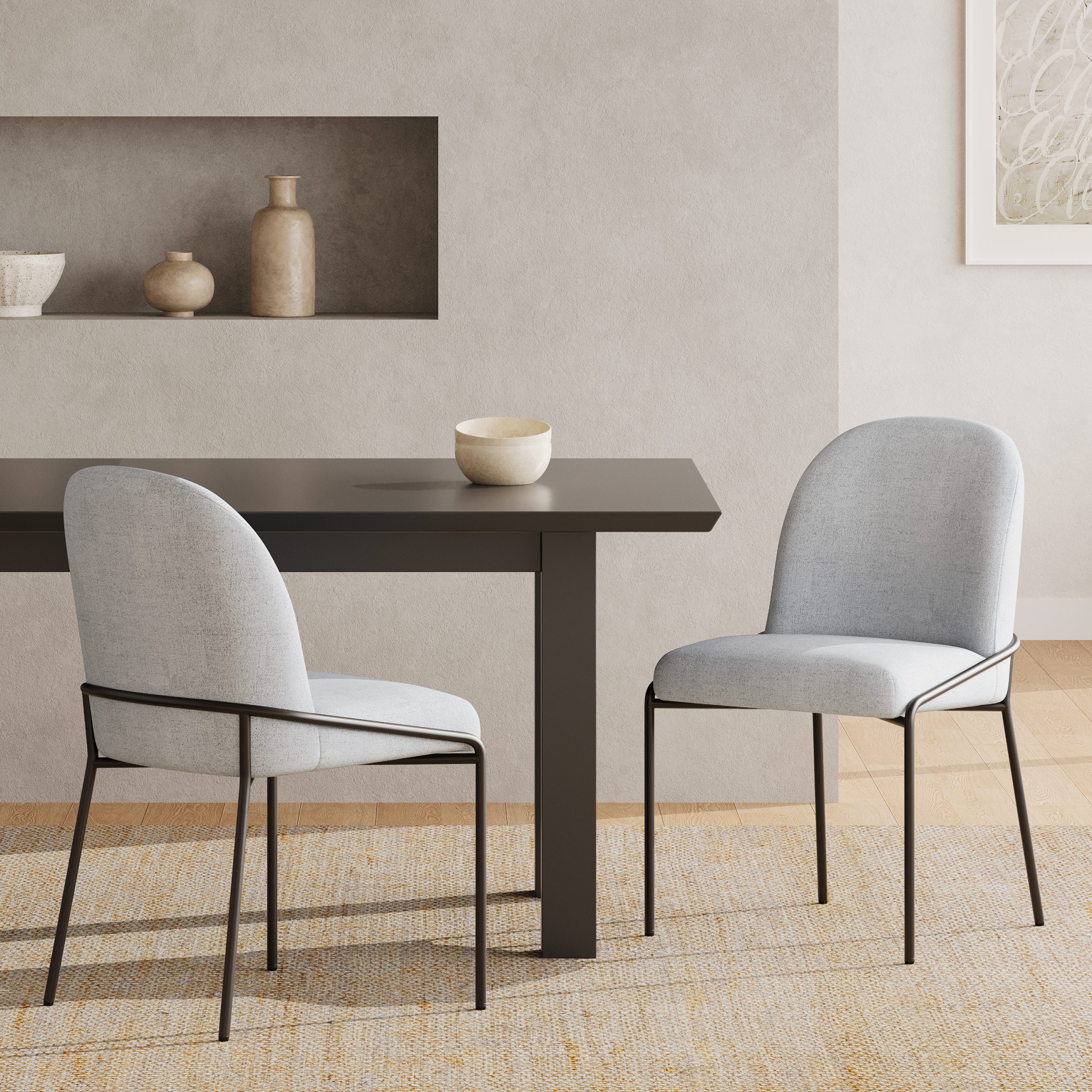 Modern Dining Chair with Soft Grey Linen Textured Polyester Fabric, bronze color Iron Frame,Set of 2,Light Grey