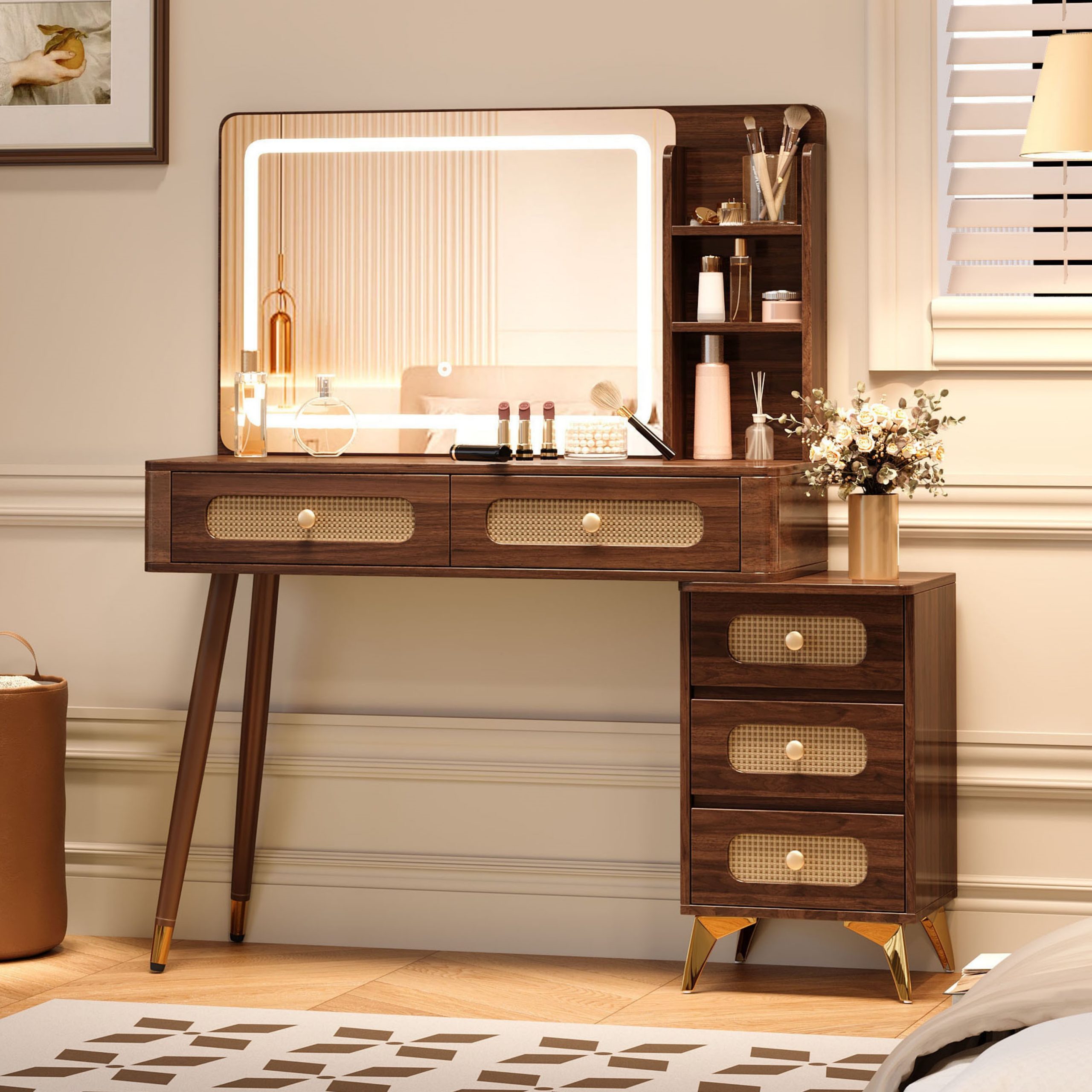 47”Vintage Makeup Vanity with Mirror and Lights, Makeup Vanity Desk with 5 Drawers and Storage Shelf, Rattan Drawer Design, 3 Color Modes and Adjustable Brightness Dressing Table,Dark Walnut