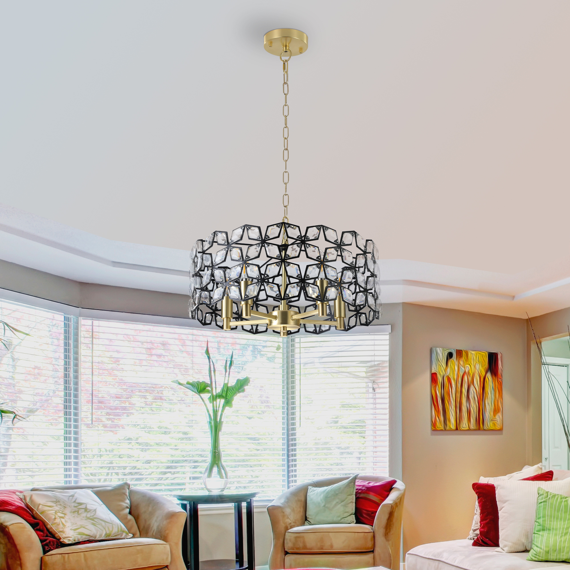 19″ Geometric Crystal and BlackGold Round Pendant Chandelier – Modern 5-Light Fixture for Dining Room, Living Room, or Kitchen (Bulb Not Included)