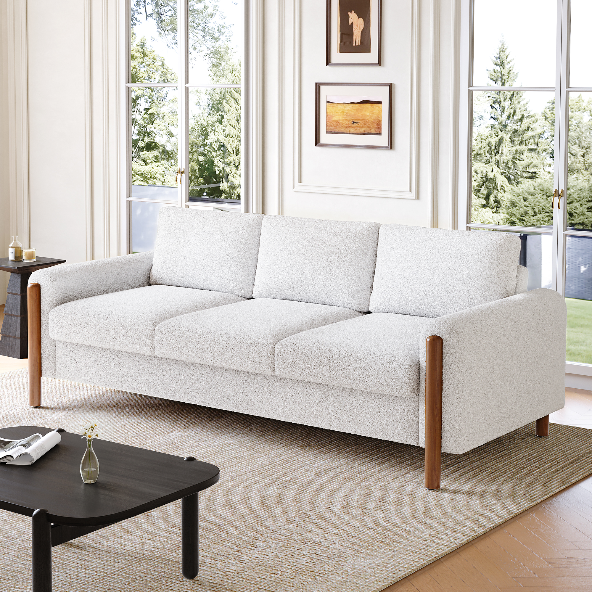 83.86″ 3-Seater Sofa, Curved Armrest with Integrated Solid Wood Legs, Teddy Velvet Fabric, High Weight Capacity (250 lbs/seat), Durable Solid Wood Frame,Cream White