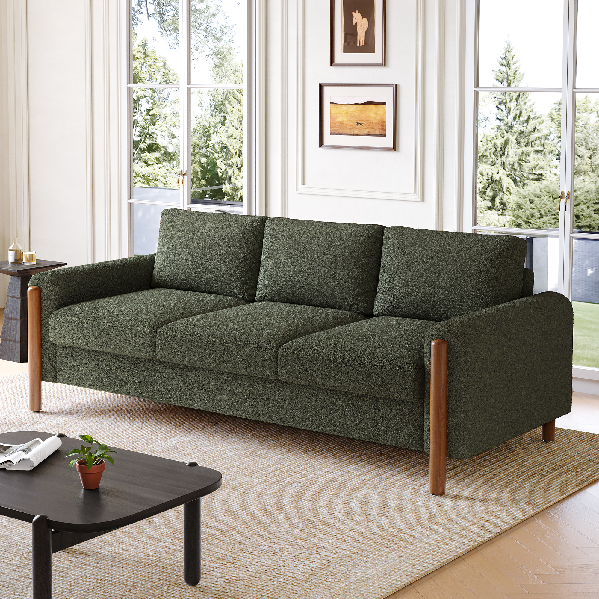 83.86″ 3-Seater Sofa, Curved Armrest with Integrated Solid Wood Legs, Teddy Velvet Fabric, High Weight Capacity (250 lbs/seat), Durable Solid Wood Frame,Green