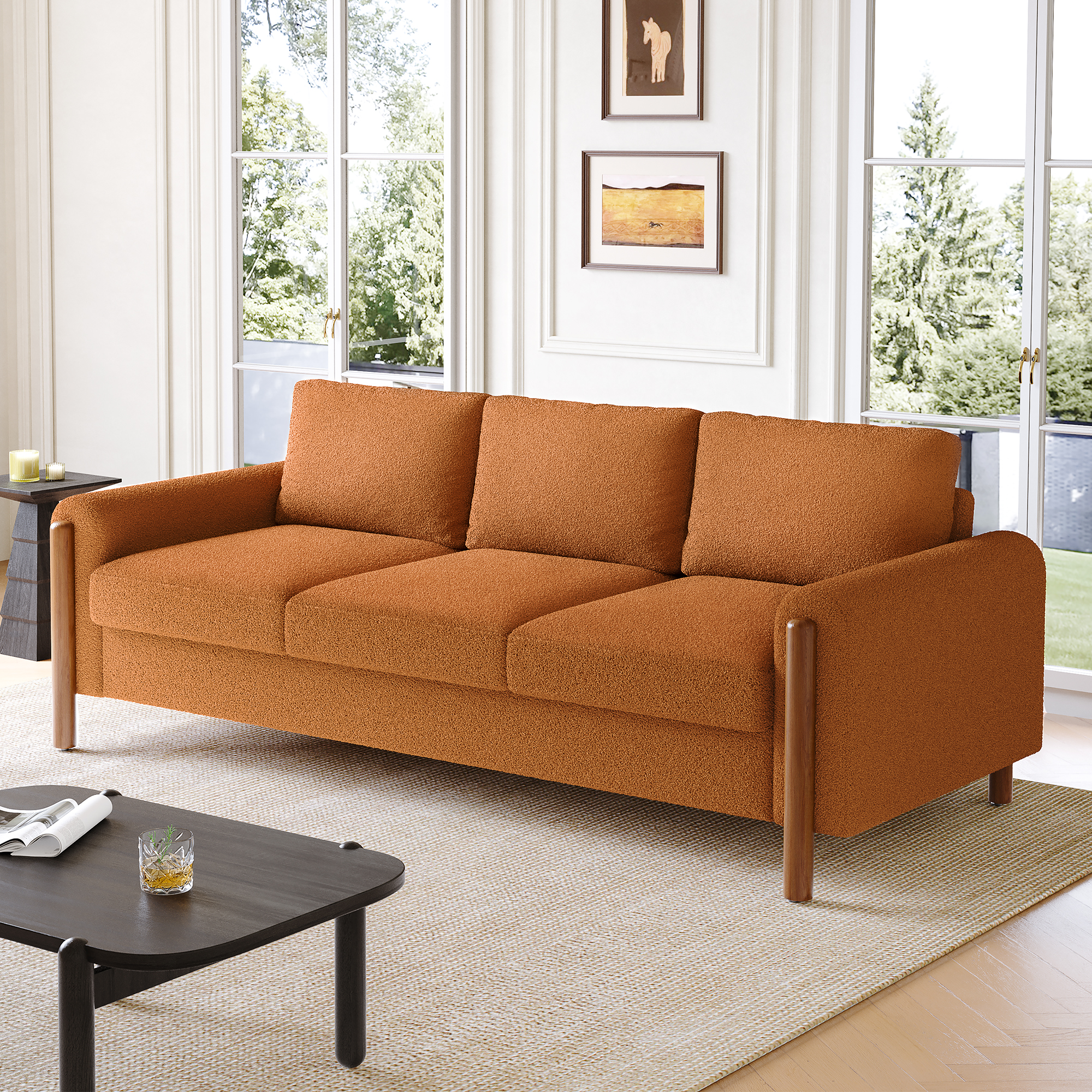 83.86″ 3-Seater Sofa, Curved Armrest with Integrated Solid Wood Legs, Teddy Velvet Fabric, High Weight Capacity (250 lbs/seat), Durable Solid Wood Frame,Orange
