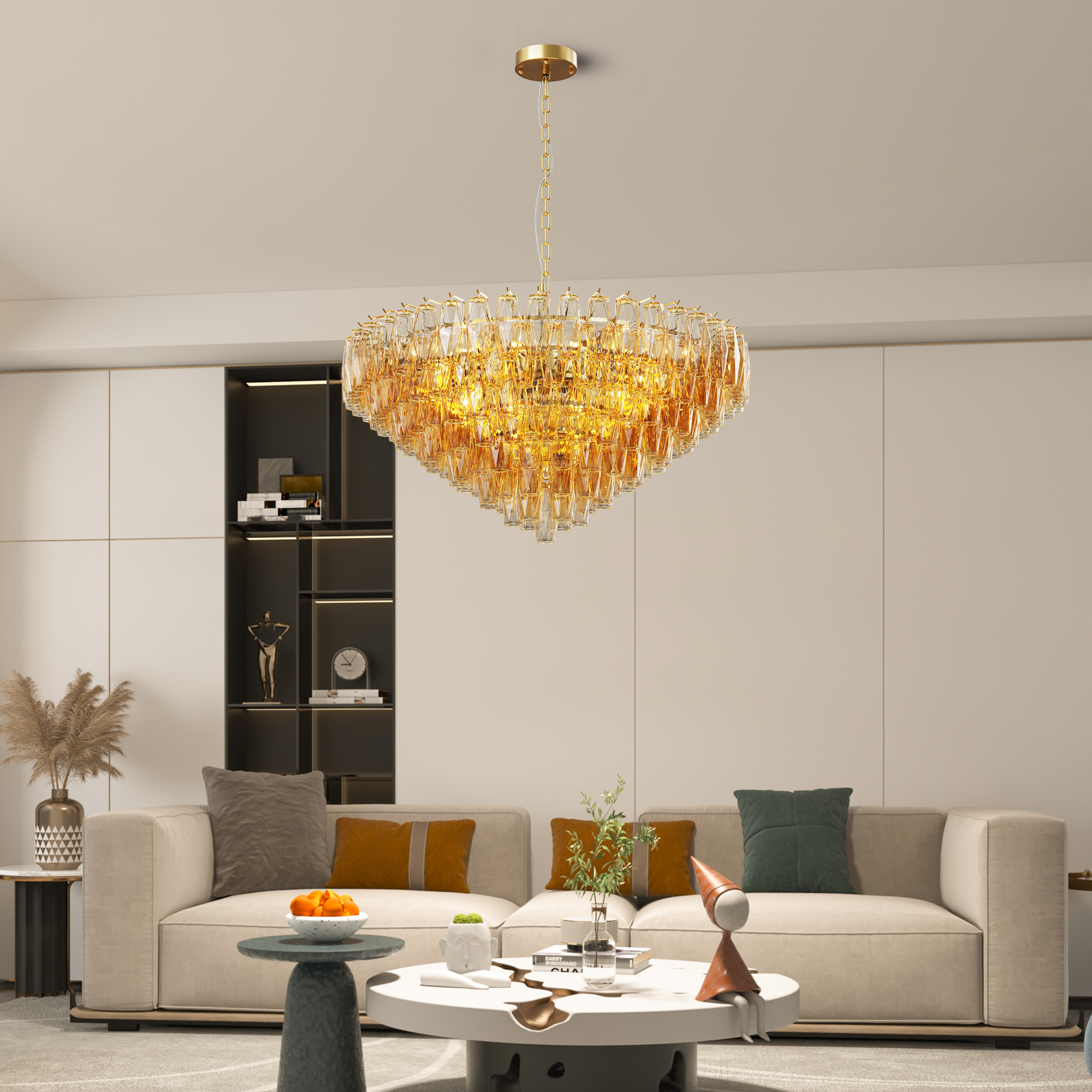 37″ Extra Large Chandelier, 14-Light Gold Modern Round Chandelier for Living Room, Tiered Smoke Blown Glass Brass Chandeliers, Hanging Light Fixture for Bedroom, Dining Room, Foyer, Entryway