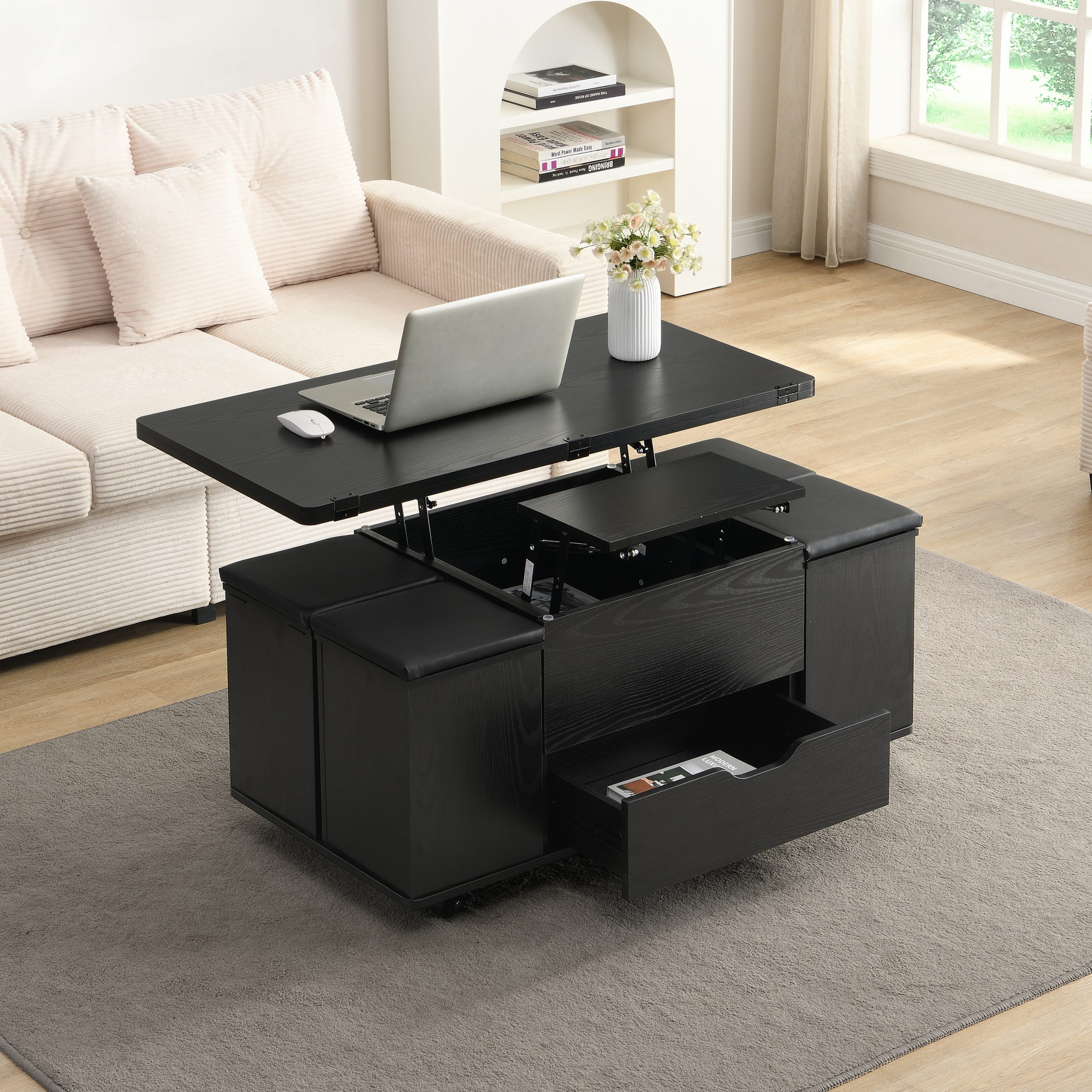 Multi-Functional Lift-Top Coffee Table with Hidden Storage and Stools,Multi-Function Modern Center Table with 4 Stools and Casters,Perfect for Modern Living Spaces-Black Color