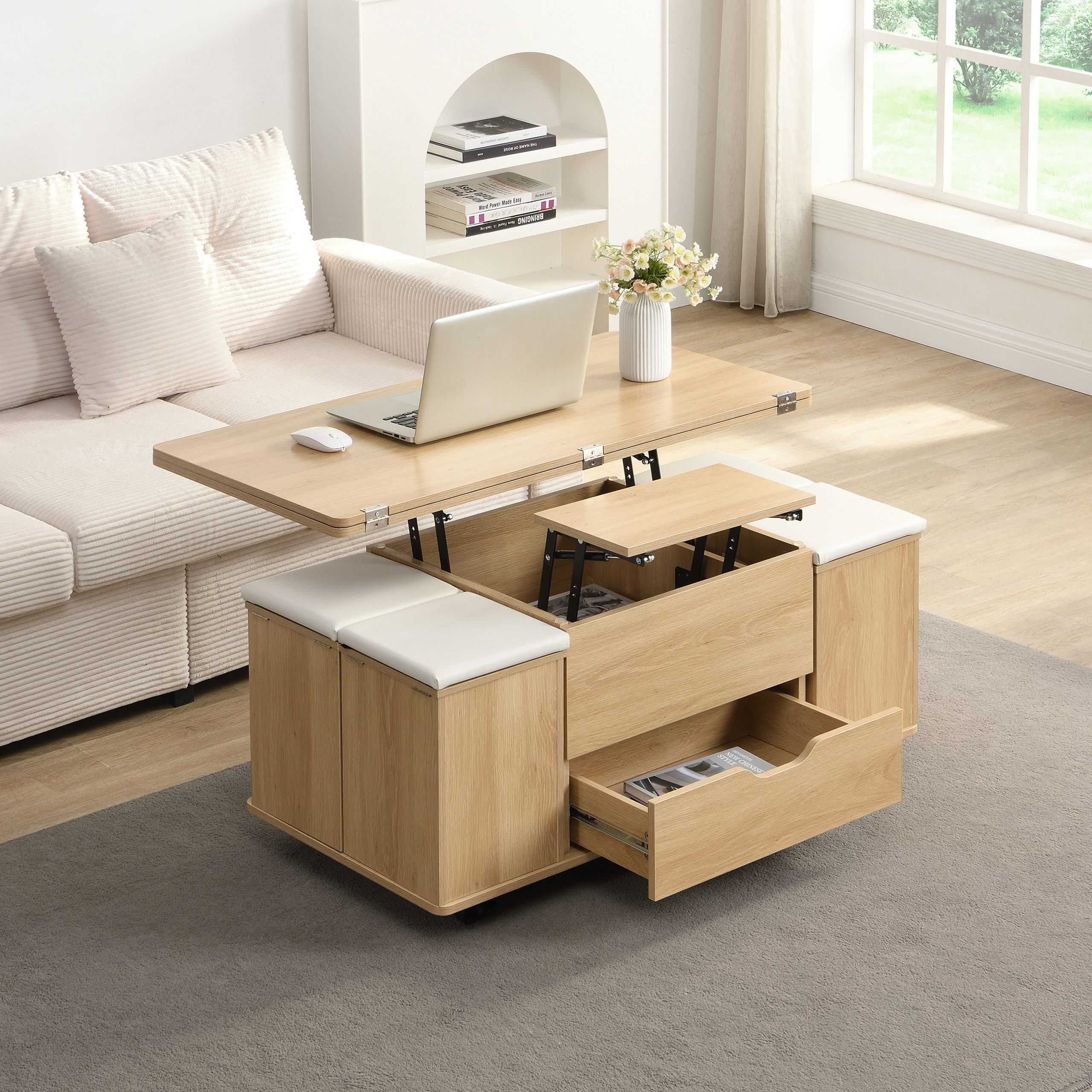 Multi-Functional Lift-Top Coffee Table with Hidden Storage and Stools,Multi-Function Modern Center Table with 4 Stools and Casters,Perfect for Modern Living Spaces-Natural & White Color