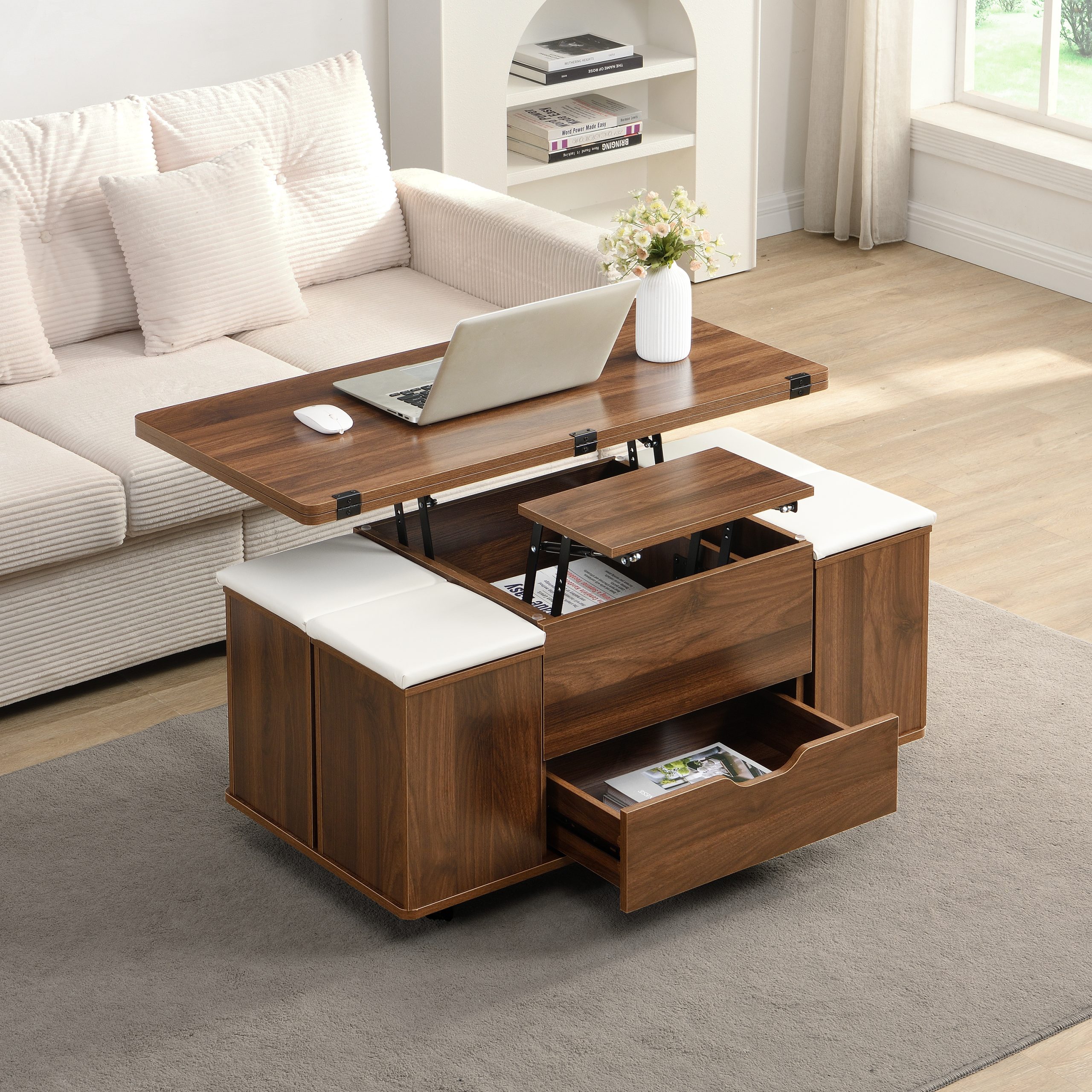 Multi-Functional Lift-Top Coffee Table with Hidden Storage and Stools,Multi-Function Modern Center Table with 4 Stools and Casters,Perfect for Modern Living Spaces-Walnut & White Color