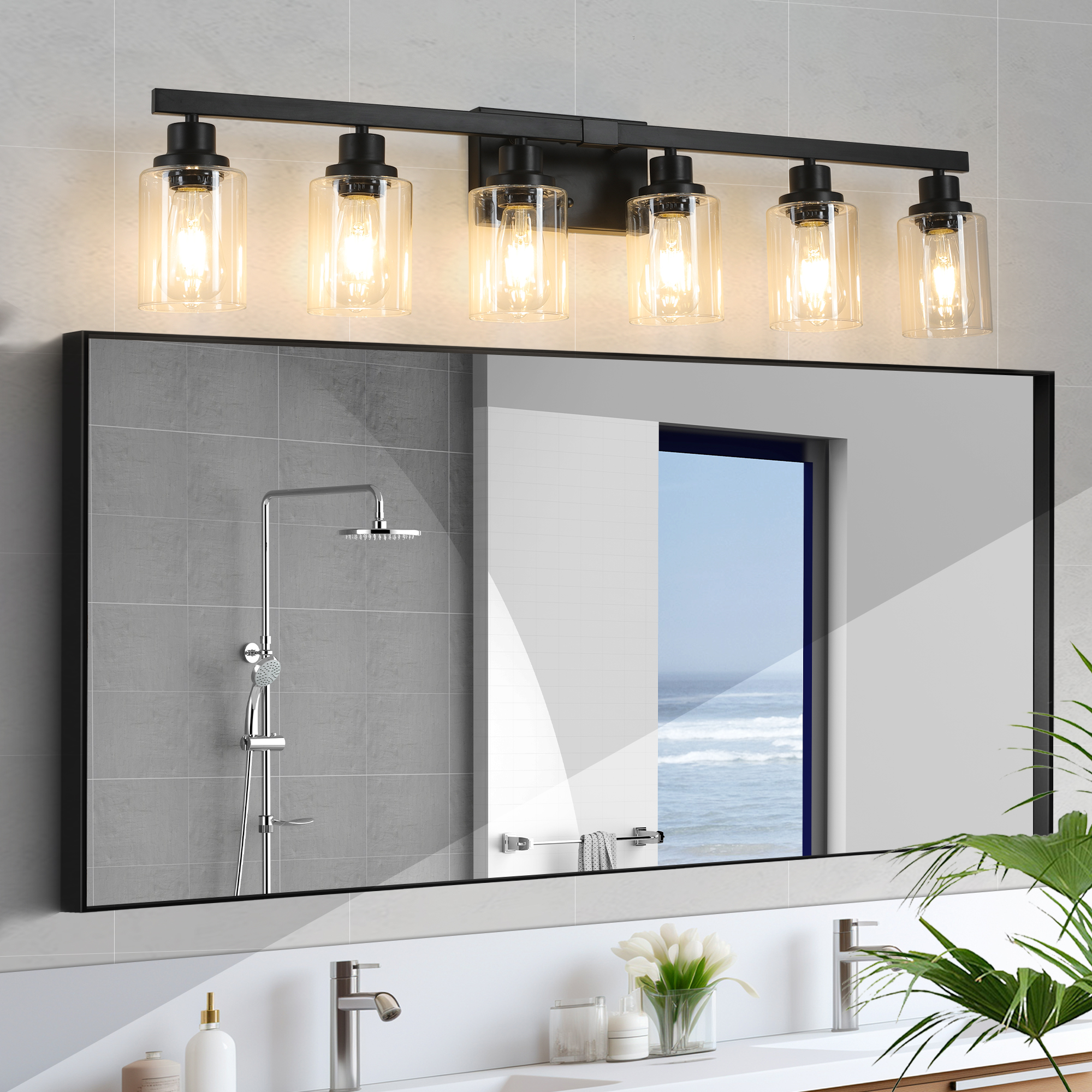 37″ Modern 6-Light Bathroom Vanity Light Fixture – Black Finish with Clear Glass Shades, Perfect for Bathroom, Vanity, and Dressing Area Lighting (No Bulbs)