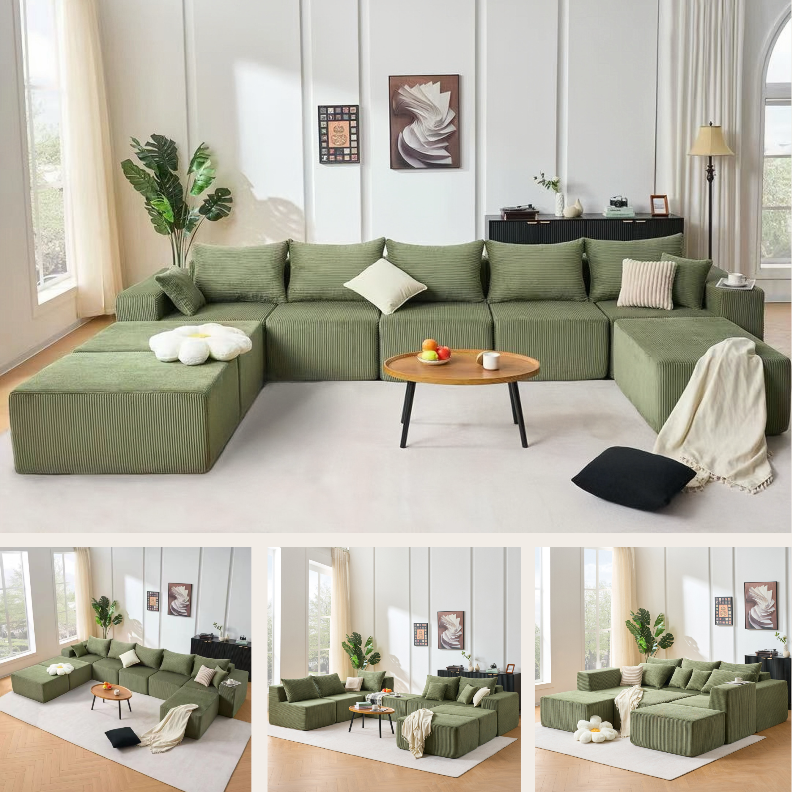 8-Piece Modular U-Shaped Sectional Sofa, Large Convertible Couch with Oversized Chaise Lounge and Bed, Luxury Corduroy Upholstery, No Assembly Needed, Family Sofa Set for Living Room,Green