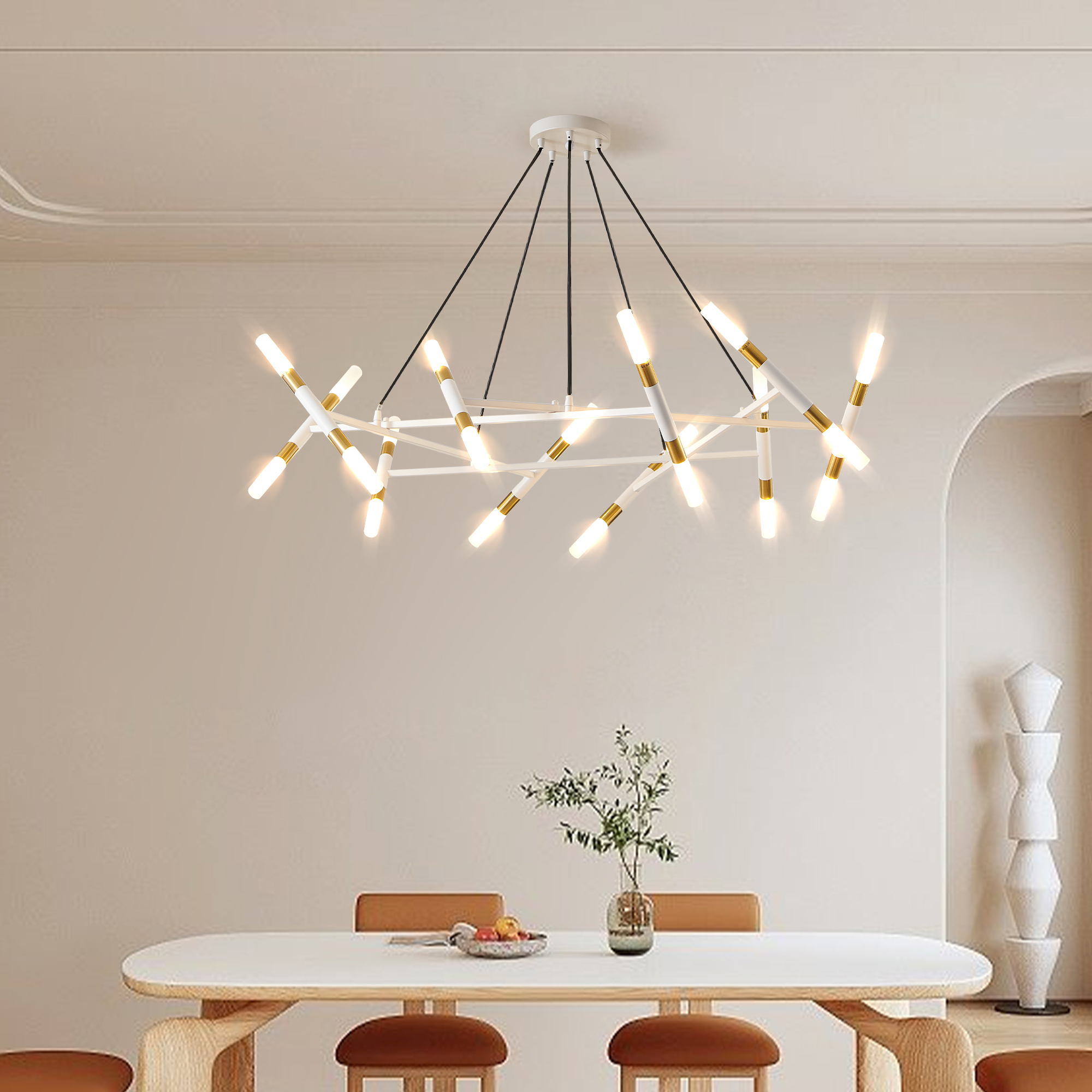 41″ White & Golden Modern Chandelier Light Fixture, Branch Design with Frosted Tubes, Black Cords, Adjustable Height Pendant Light for Dining Room, Living Room, or Kitchen Island (Bulb Not Included)