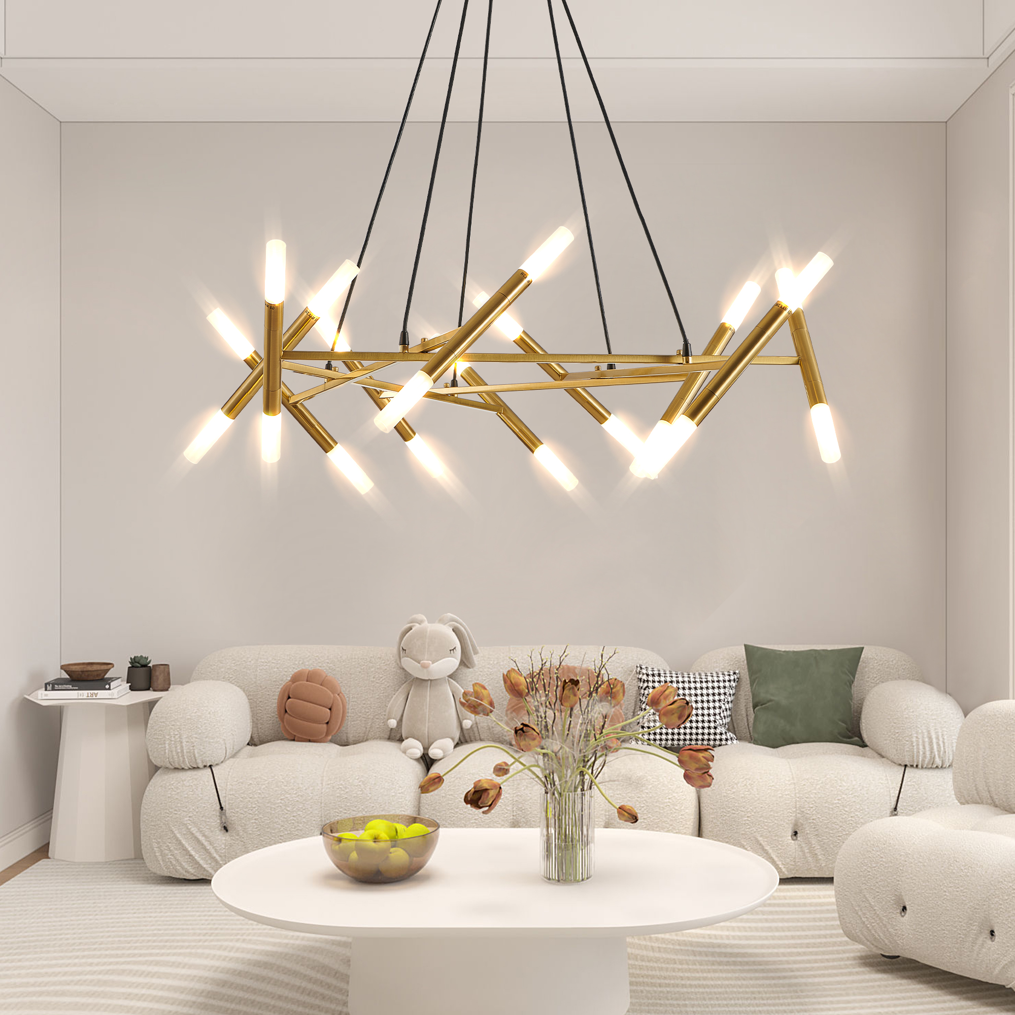 41″ Golden Modern Chandelier Light Fixture, Branch Design with Frosted Tubes, Black Cords, Adjustable Height Pendant Light for Dining Room, Living Room, or Kitchen Island (Bulb Not Included)