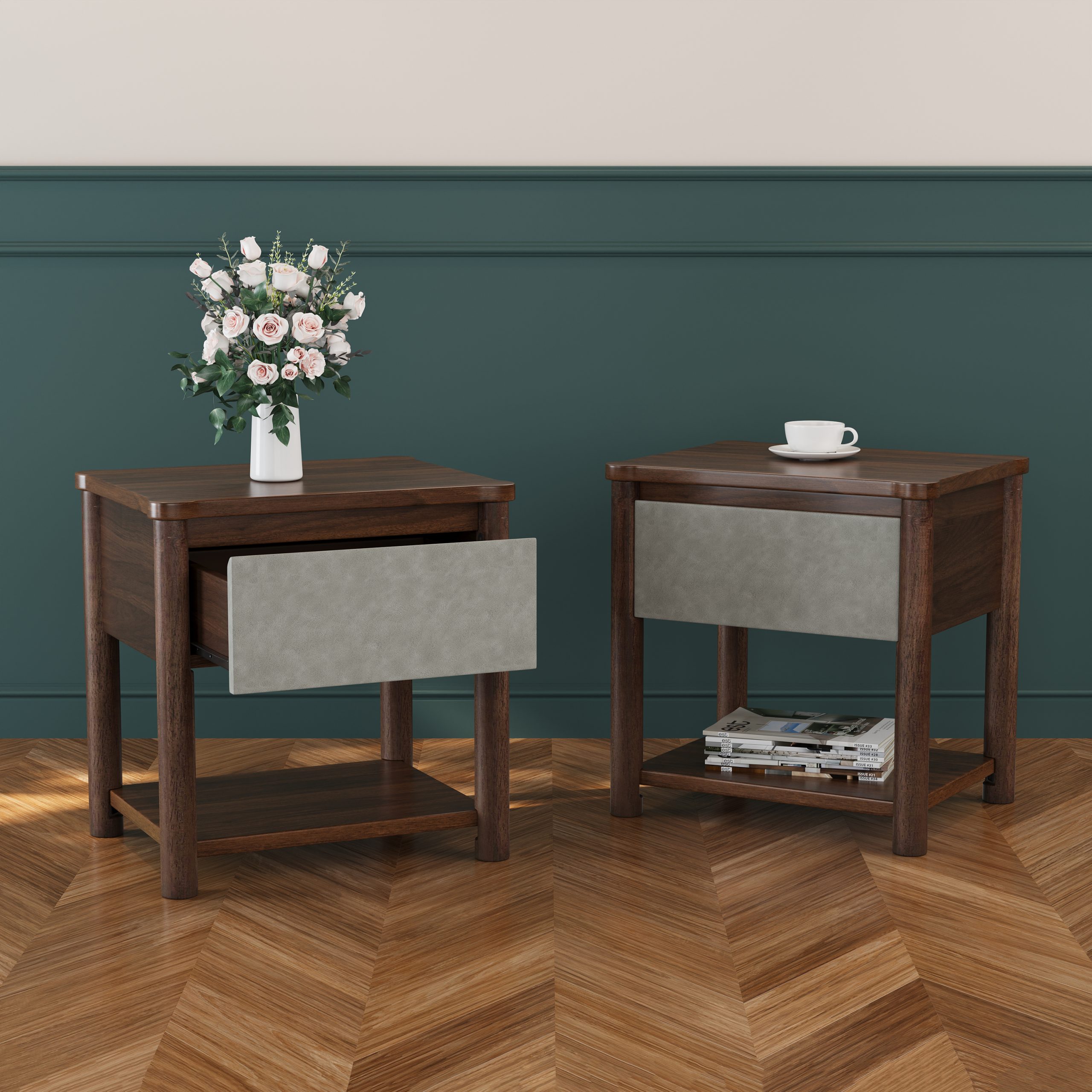 Wood Nightstand,Modern Nightstands with Drawer, Farmhouse Bedside Table for Bedroom Living Room,MP2(set of 2) Walnut&Light Grey Color