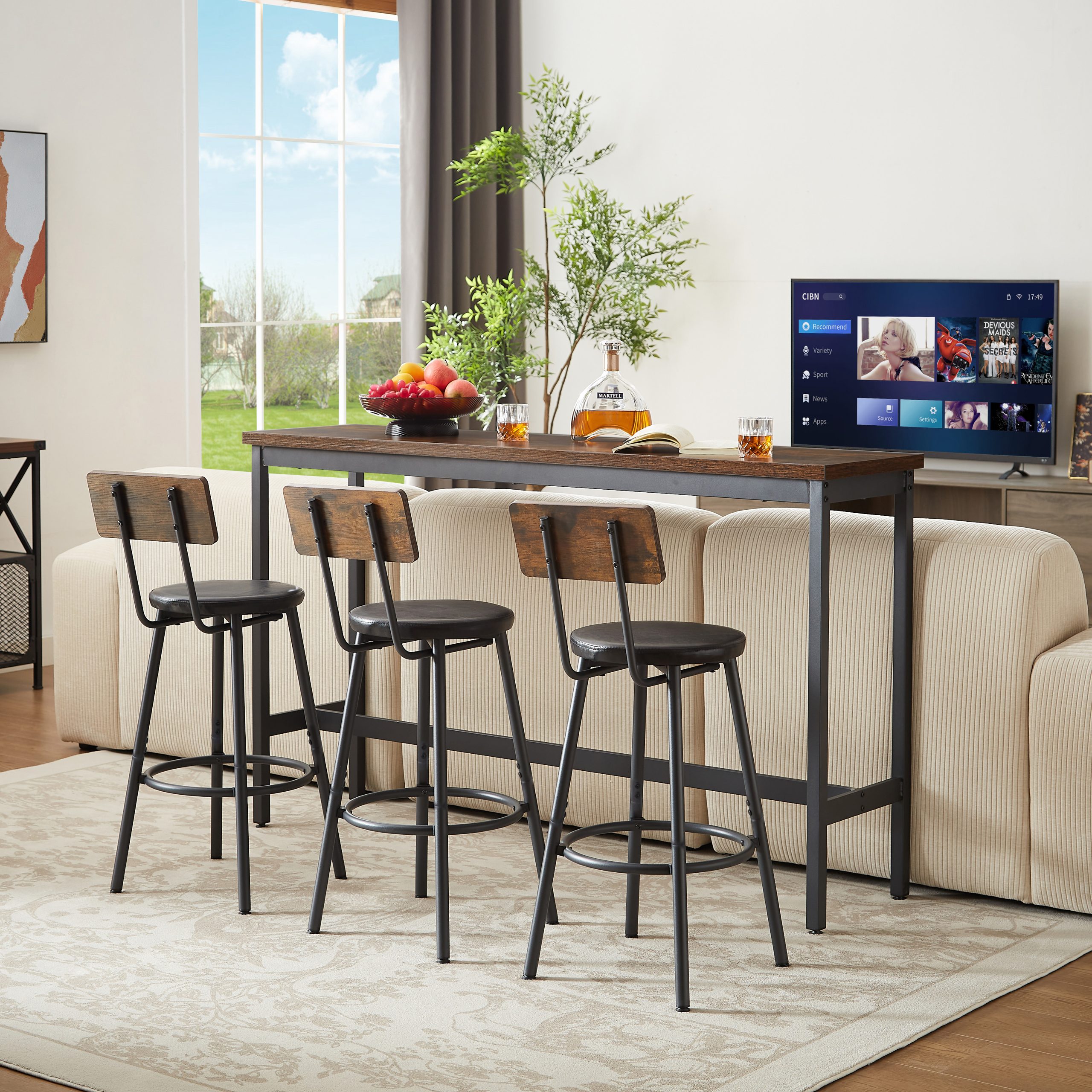 Long Bar Table Set with 3 PU Upholstered Bar Stools, Industrial Bar Table and Chairs for Kitchen Breakfast Table, Living Room, Banquet Hall, Rustic Brown and Black, 63″L x15.7″W x 37.5″H