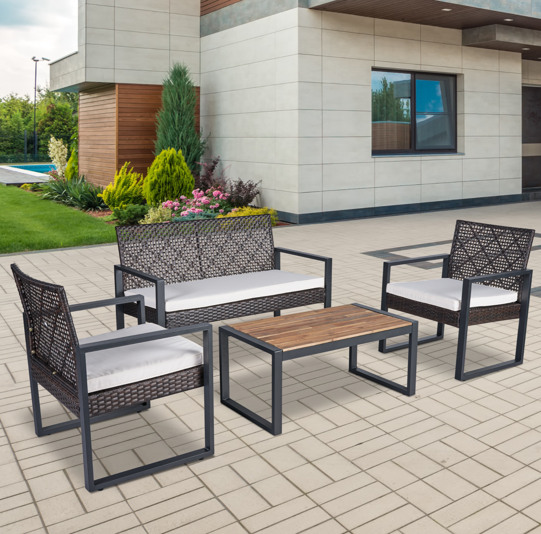 4-Piece Patio Furniture Set Outdoor Balcony Porch Garden Backyard Lawn Furniture Acacia Wood Table Top, Morden Brown and Beige Cushion