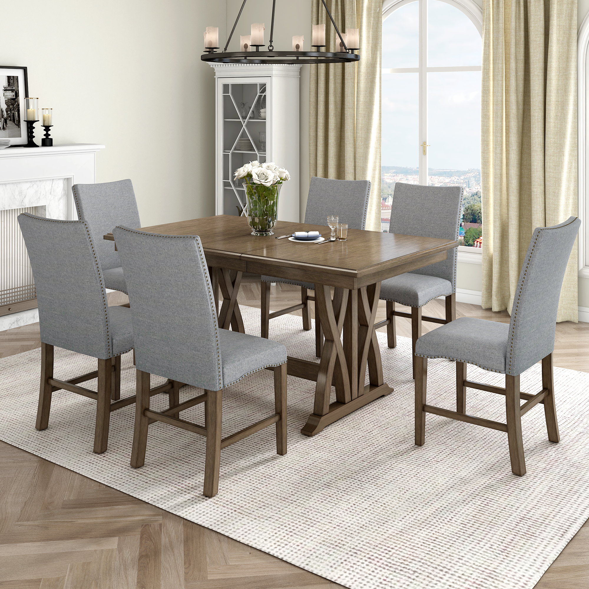 TOPMAX Mid-Century Solid Wood 7-Piece Dining Table Set Extendable Kitchen Table Set with Upholstered Chairs and 12″ Leaf for 6, Golden Brown+Gray Cushion(Old SKU: SP000015AAD)