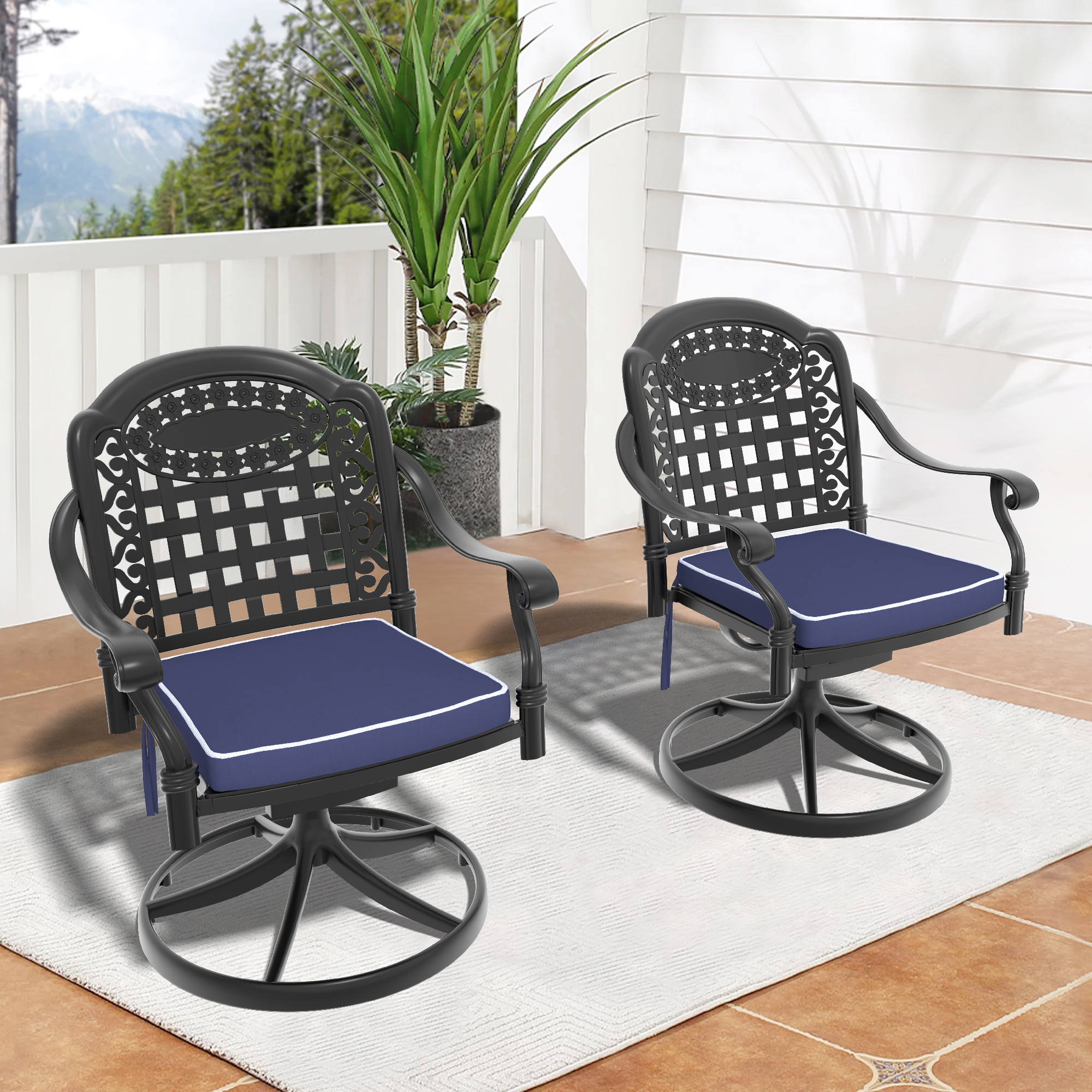 Cast Aluminum Patio Swivel Chair 2PCS With Black Frame and Blue Cushions