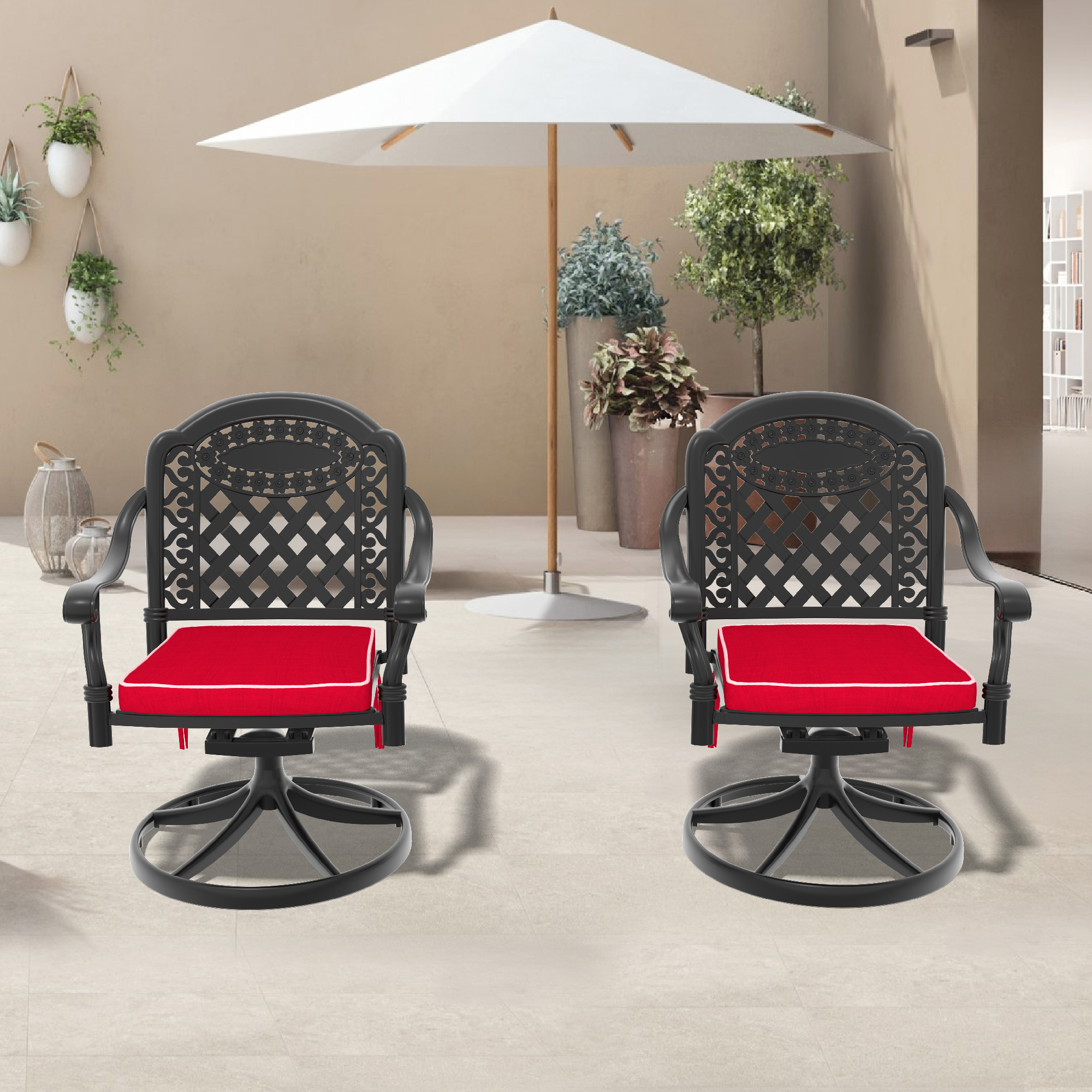 Cast Aluminum Patio Swivel Chair 2PCS With Black Frame and Red Cushions