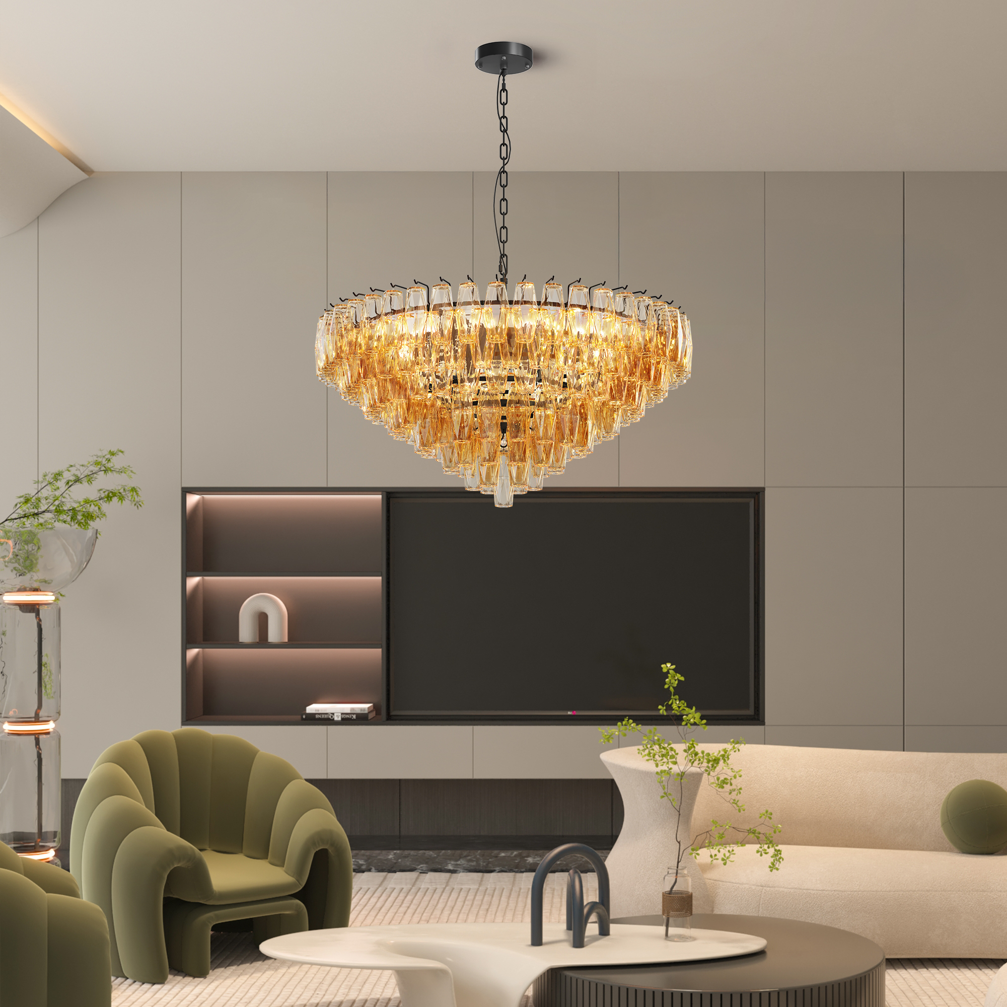 Modern Round Chandelier, 37″ Extra Large Black Chandeliers for Dining Room, 14-Light with Tiered Smoke Glass Tubes Ceiling Light, Pendant Lighting Fixture for Living Room Bedroom Kitchen Island