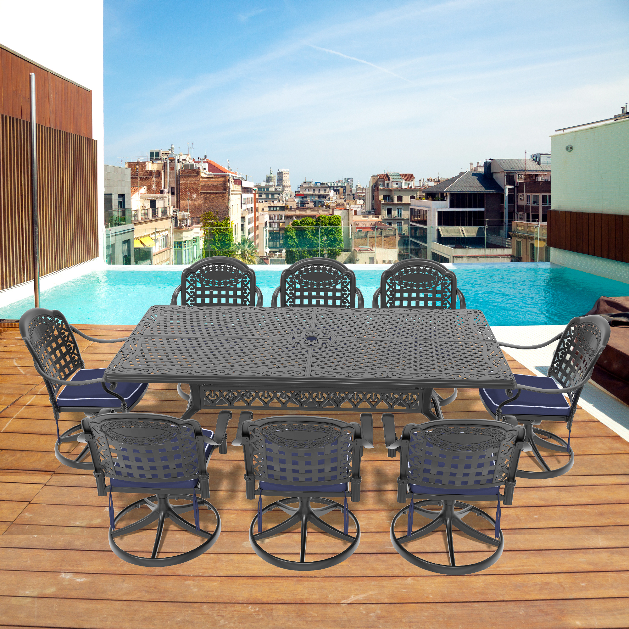 9-Piece All-Weather Cast Aluminum Dining Set, Include 8 Swivel Chairs and Rectangular Table With Black Frame (same sku:W1710S00366)