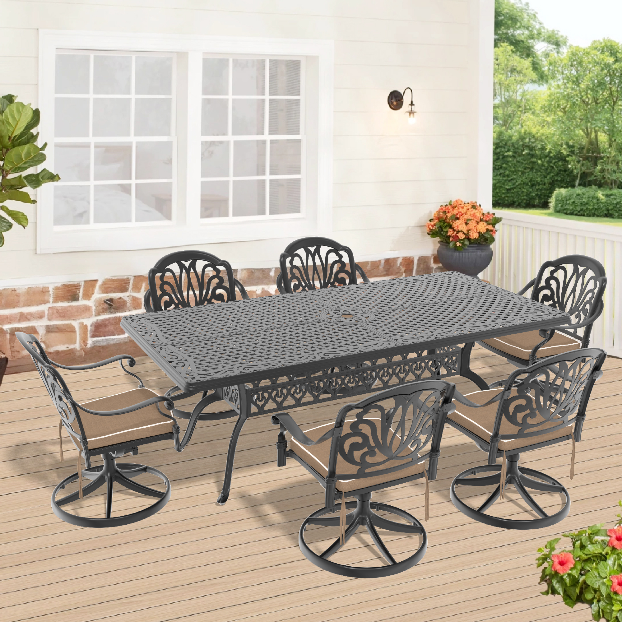 7-Piece All-Weather Cast Aluminum Dining Set, Include 6 Swivel Chairs and Rectangular Table With Black Frame (same sku:W1710S00293)