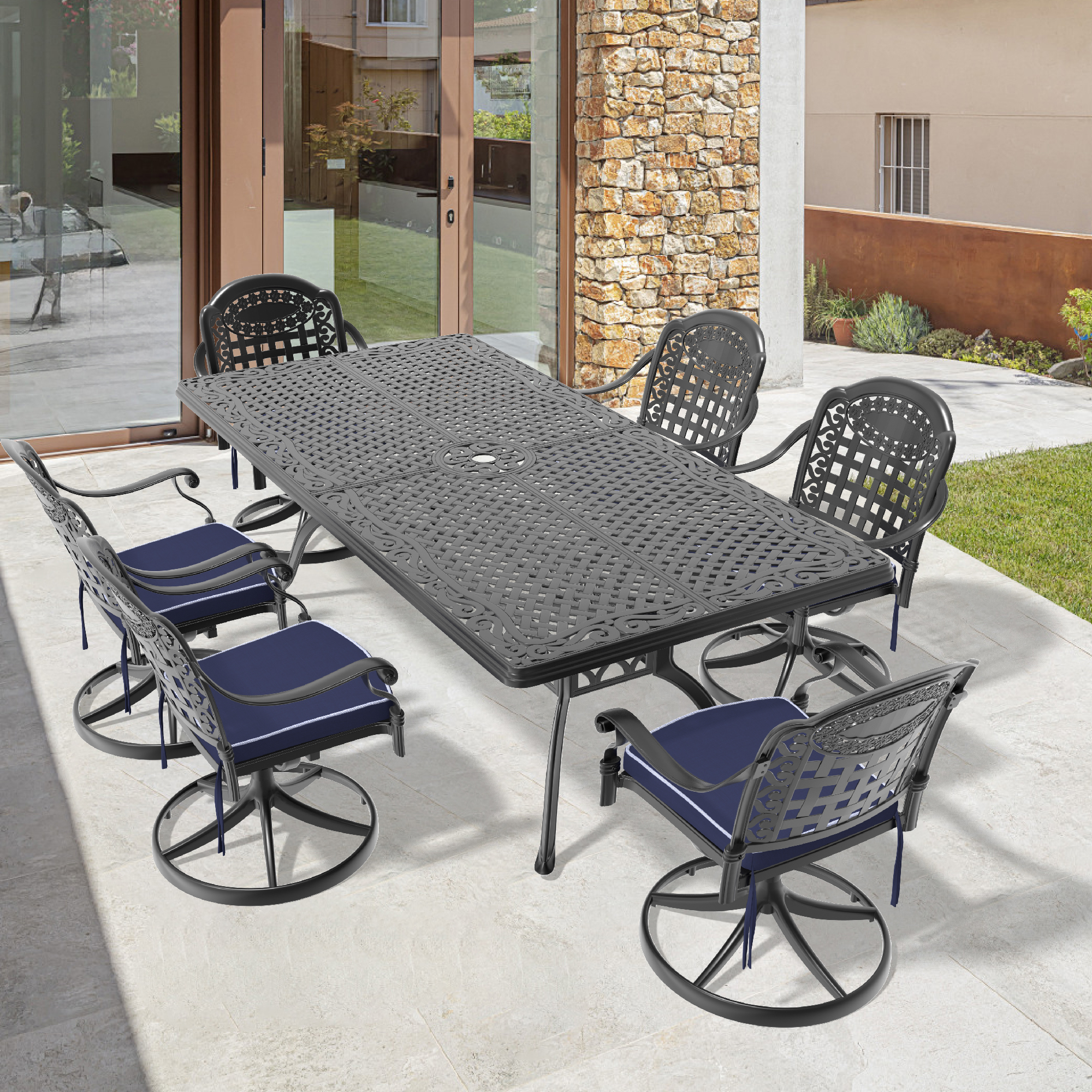 7-Piece All-Weather Cast Aluminum Dining Set, Include 6 Swivel Chairs and Rectangular Table With Black Frame (same sku:W1710S00365)