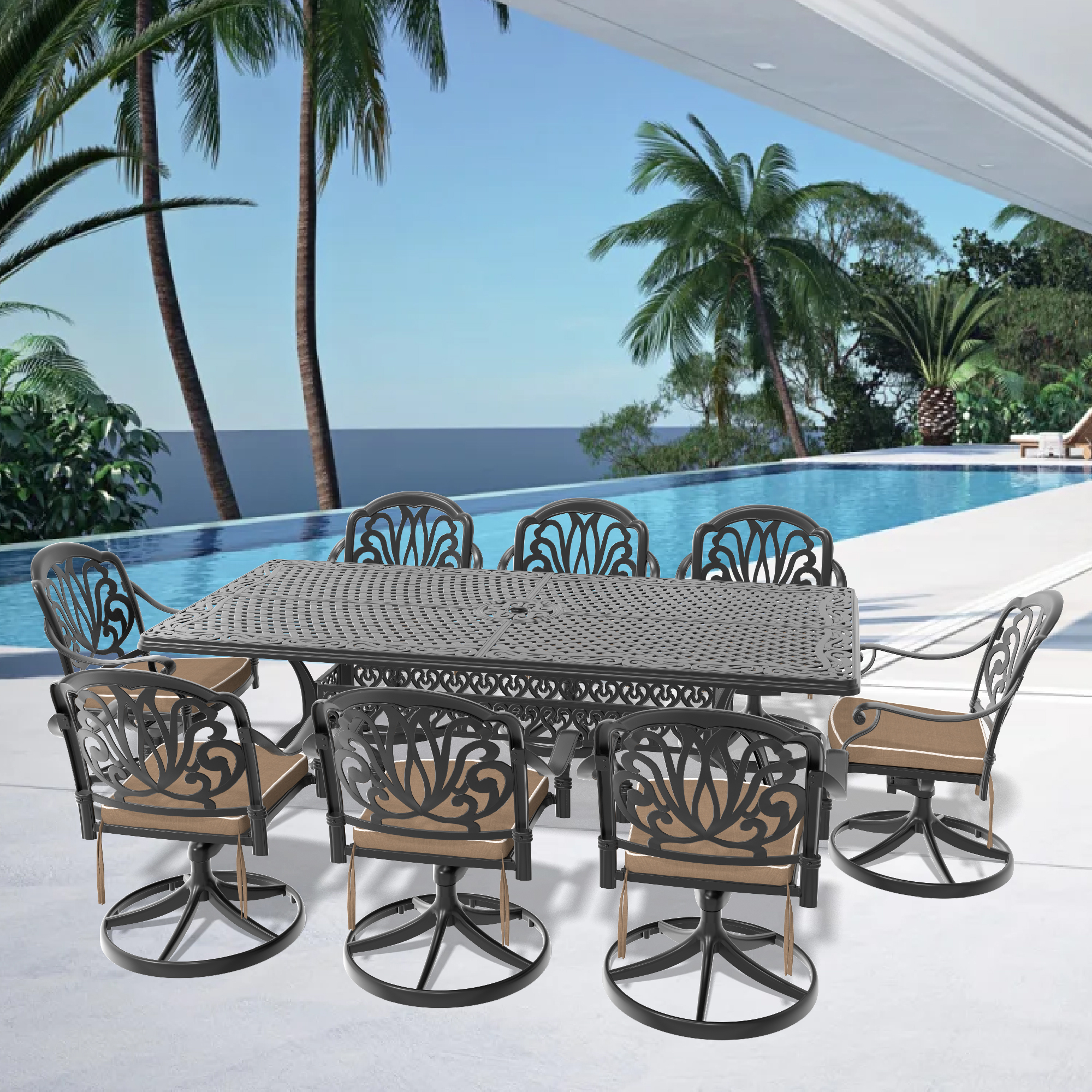 9-Piece All-Weather Cast Aluminum Dining Set, Include 8 Swivel Chairs and Rectangular Table With Black Frame (same sku:W1710S00294)
