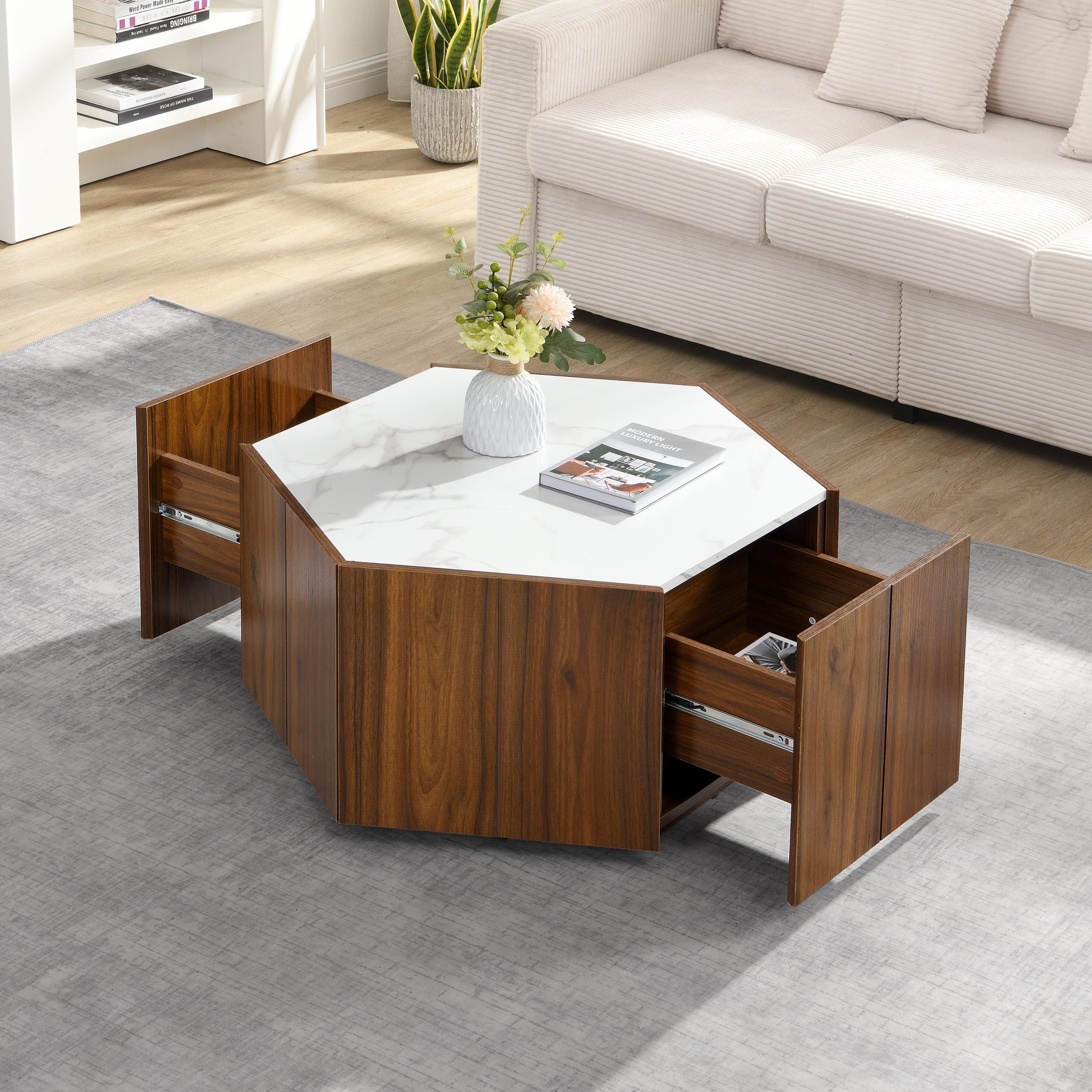 Hexagonal Rustic Retro Wood Coffee Table, with 2 Hidden Drawers, Textured White Marble Tops, Walunt Oak Finish – Perfect for Living Room & Reception Areas
