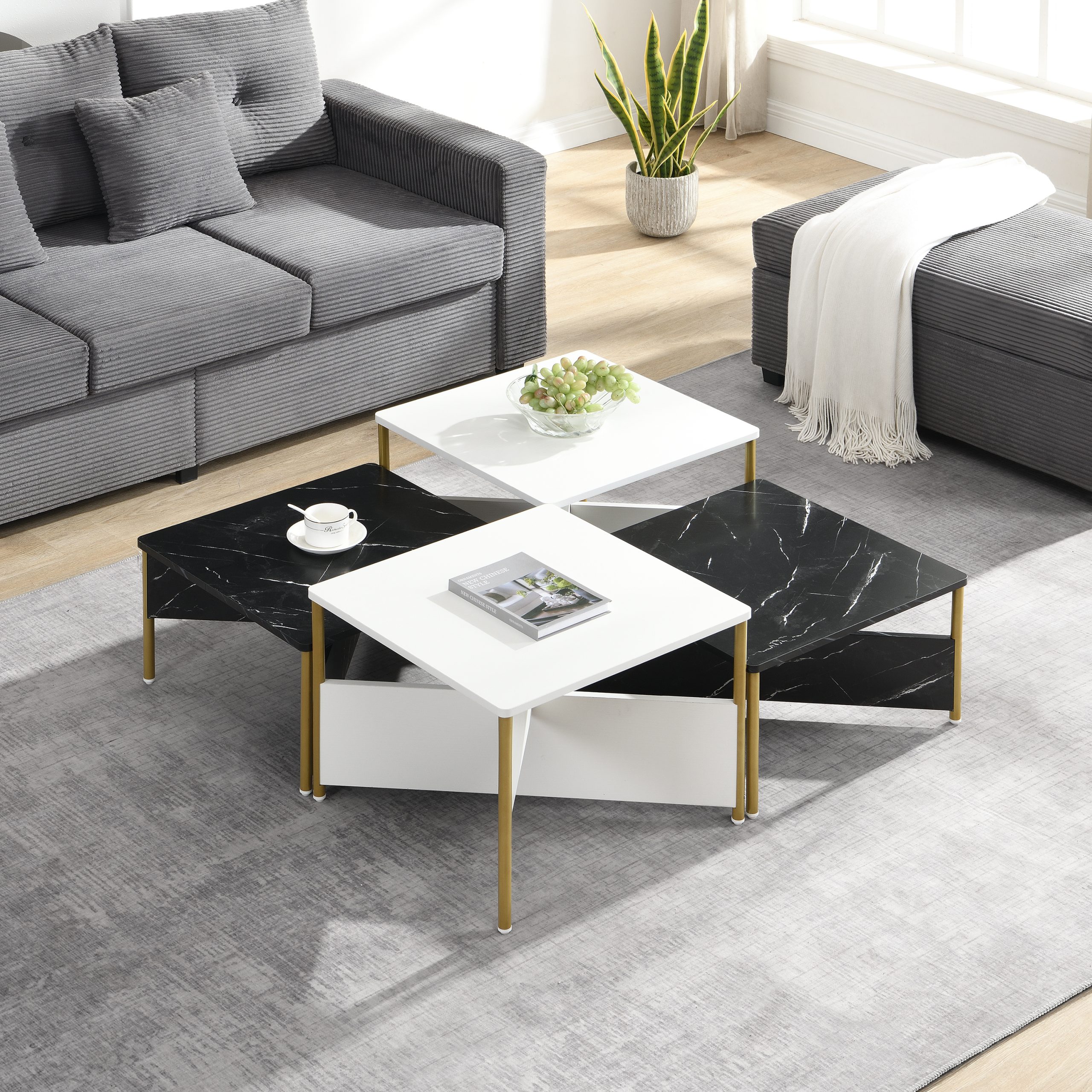 Modern Nesting Coffee Tables Set of 4 -Mid Century Modern Square Living Room Table, Free Adjustable Shape,Versatile and Stylish Accent Furniture for Your Living Room Black & White Color