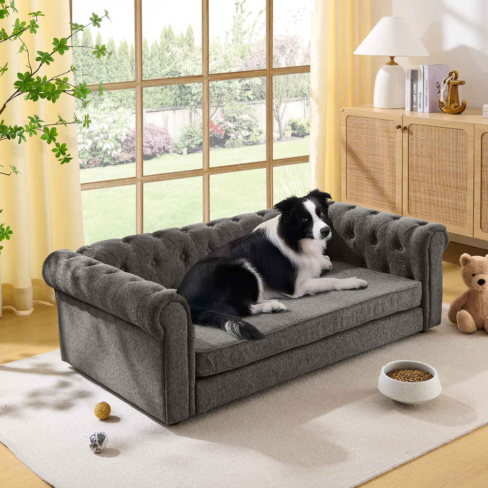 Elegant rectangular pet bed for big and oversized dogs, durable elevated dog sofa bed, comfortable dog sofa, modern and fashionable linen fabric dog sofa-DARK GREY