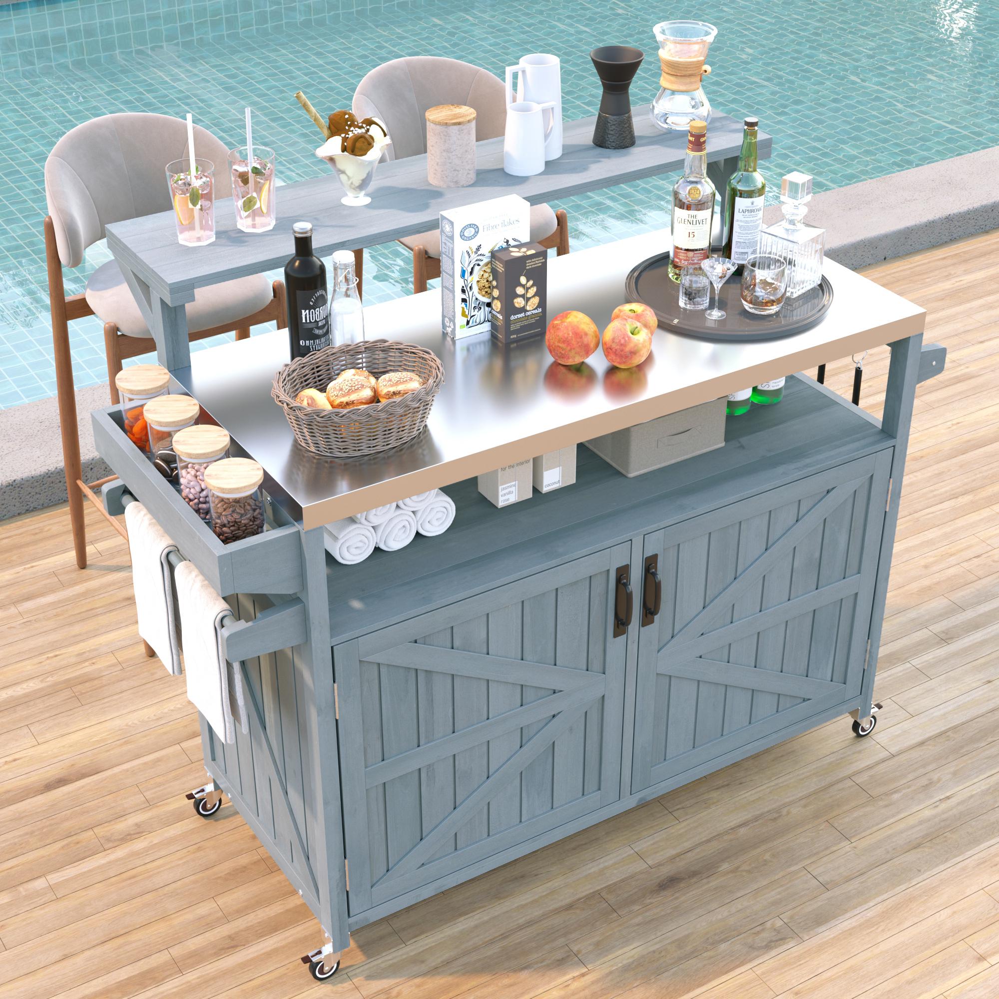 K&K 53.3″ Outdoor Kitchen Island with Raised Shelf, Solid Wood Storage Cabinet with Stainless Steel Top, Outdoor Rolling Grill Cart with Internal Storage Rack, Adjustable Shelf, Spice Rack, Grey Blue