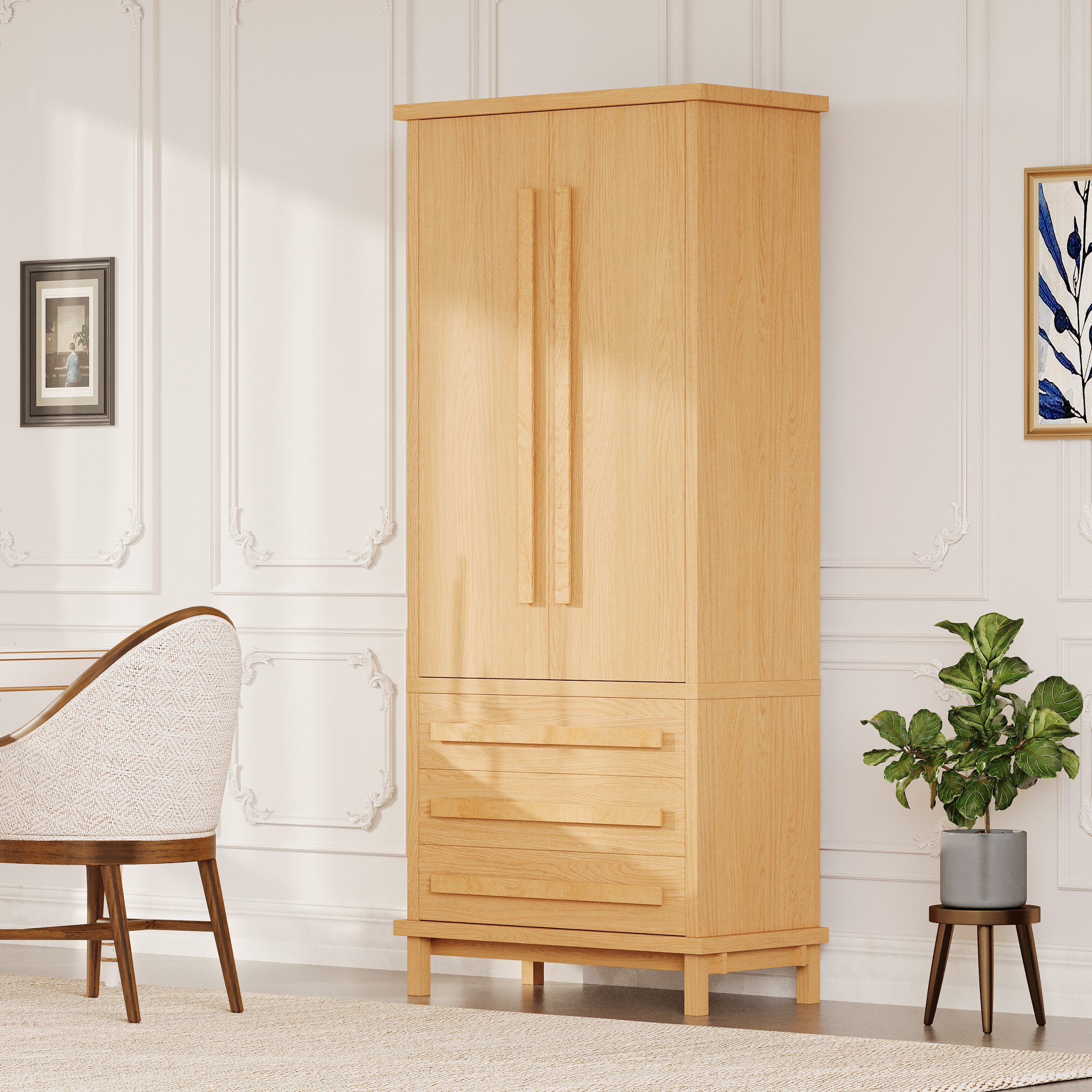 70″ Kitchen Pantry Cabinet with 2 Cabinet Shelves,Luxurious Wooden Cupboard with 6 Door Shelves and 3 Drawers for Kitchen, Dining Room,Natural