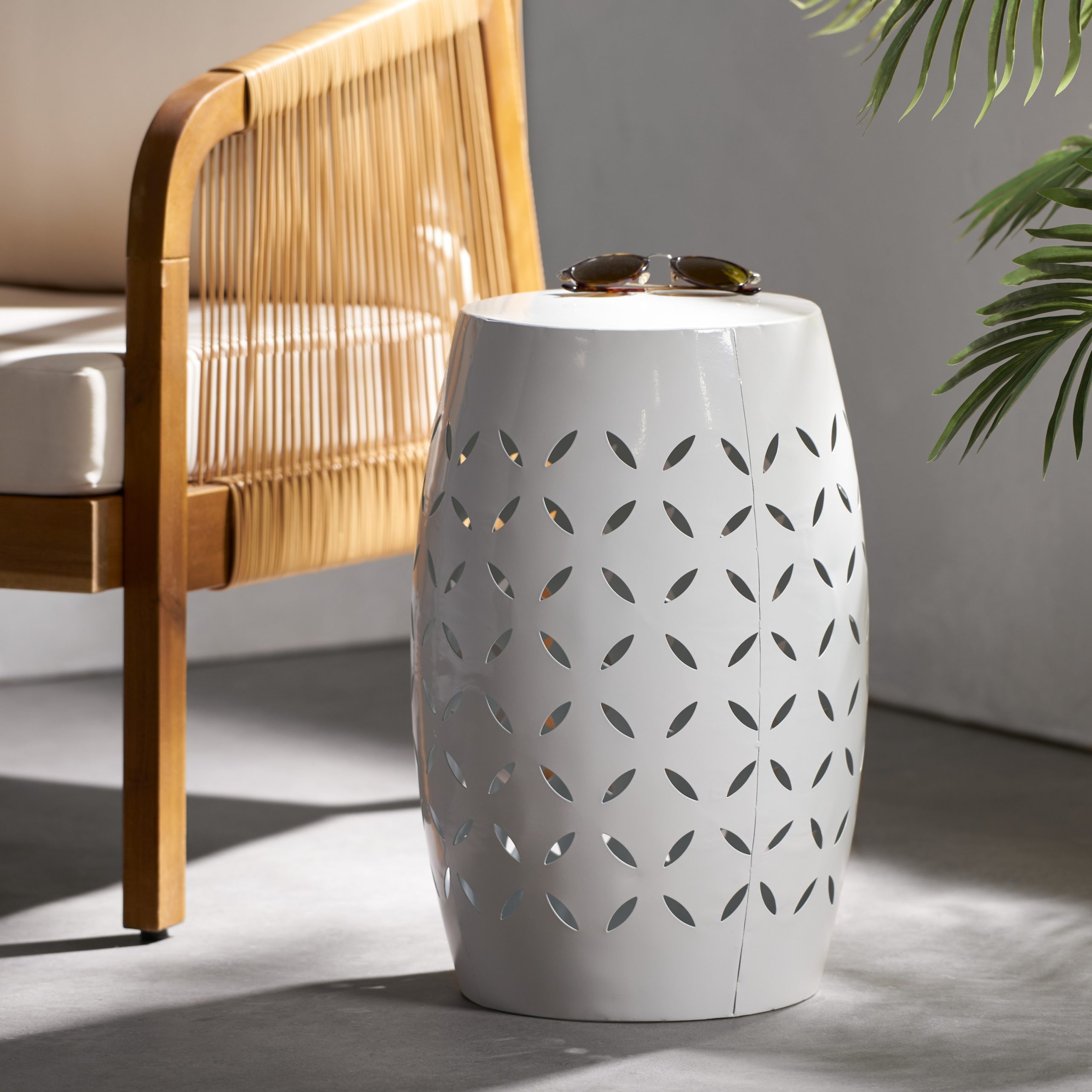 LILAC 12″ Accent Side Table, Cylindrical Design End Table for Living Room, Family Room, or Entryway, Industrial Style,Coffee Side Tables for Indoor Outdoor, White Color