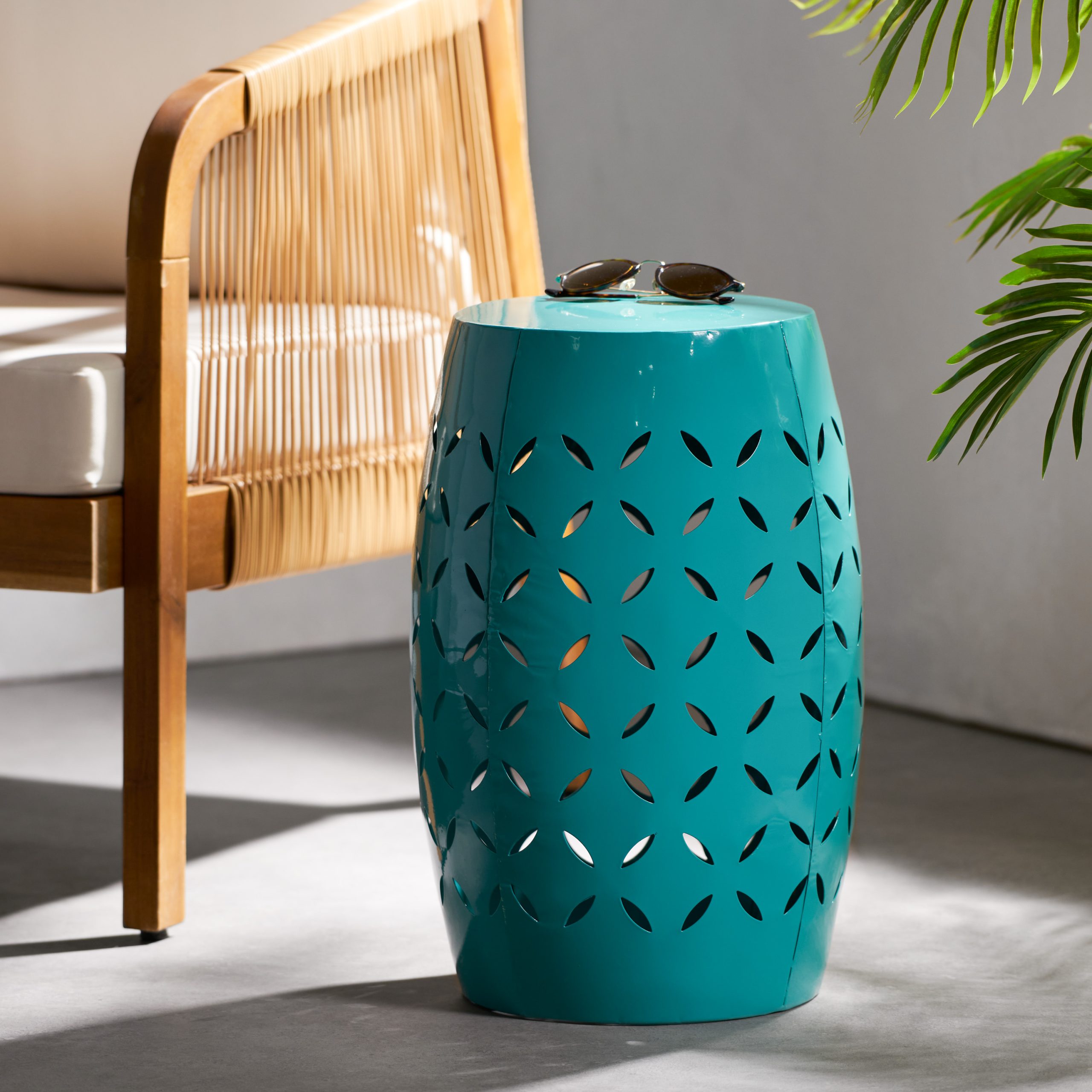 LILAC 12″ Accent Side Table, Cylindrical Design End Table for Living Room, Family Room, or Entryway, Industrial Style,Coffee Side Tables for Indoor Outdoor, Teal Color