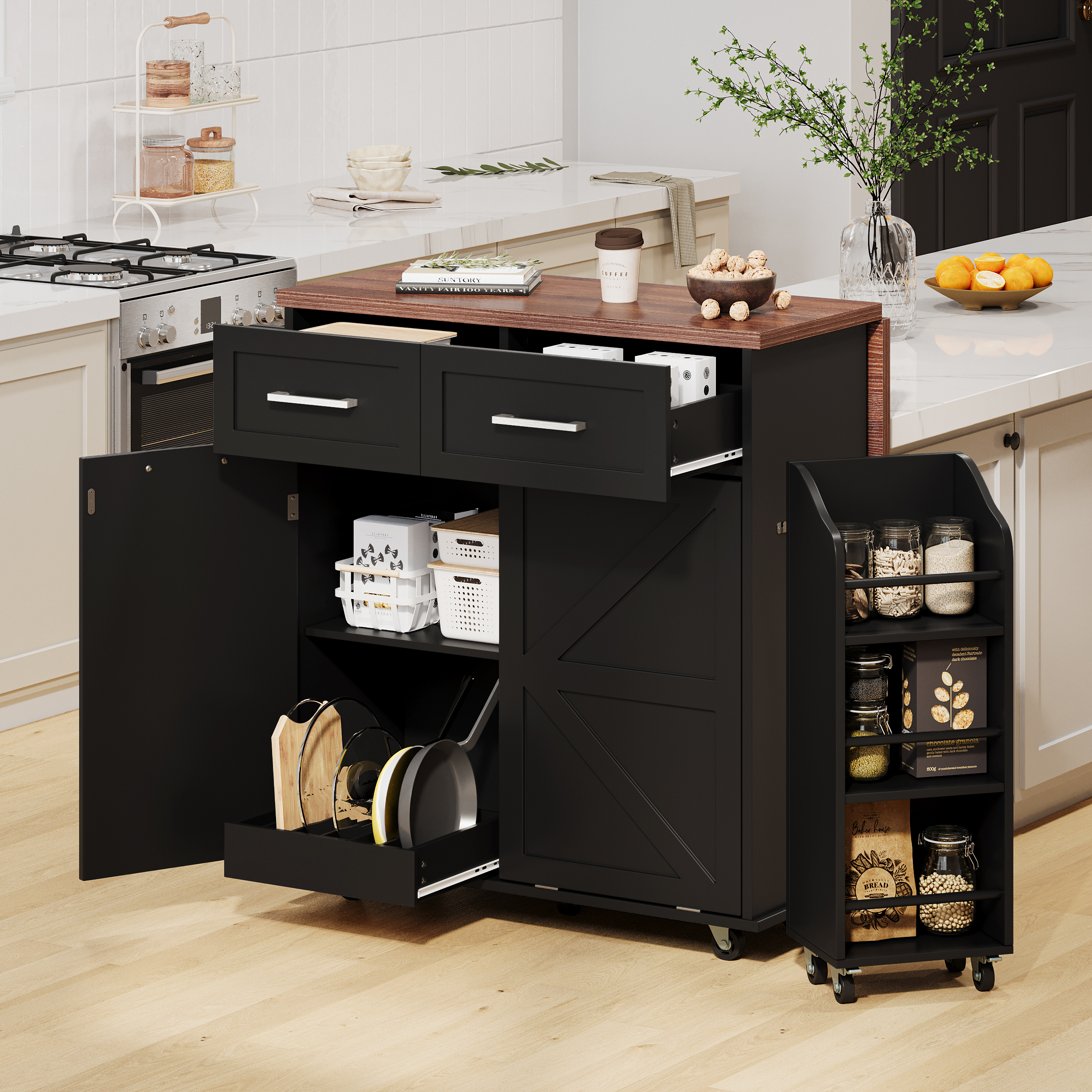 K&K 47.2″ Farmhouse Kitchen Island with Drop Leaf, Kitchen Storage Island with Removable Side Racks, Two Drawers, Rolling Kitchen Cart on Wheels with Towel Rack, for Home, Kitchen, Dining Room, Black
