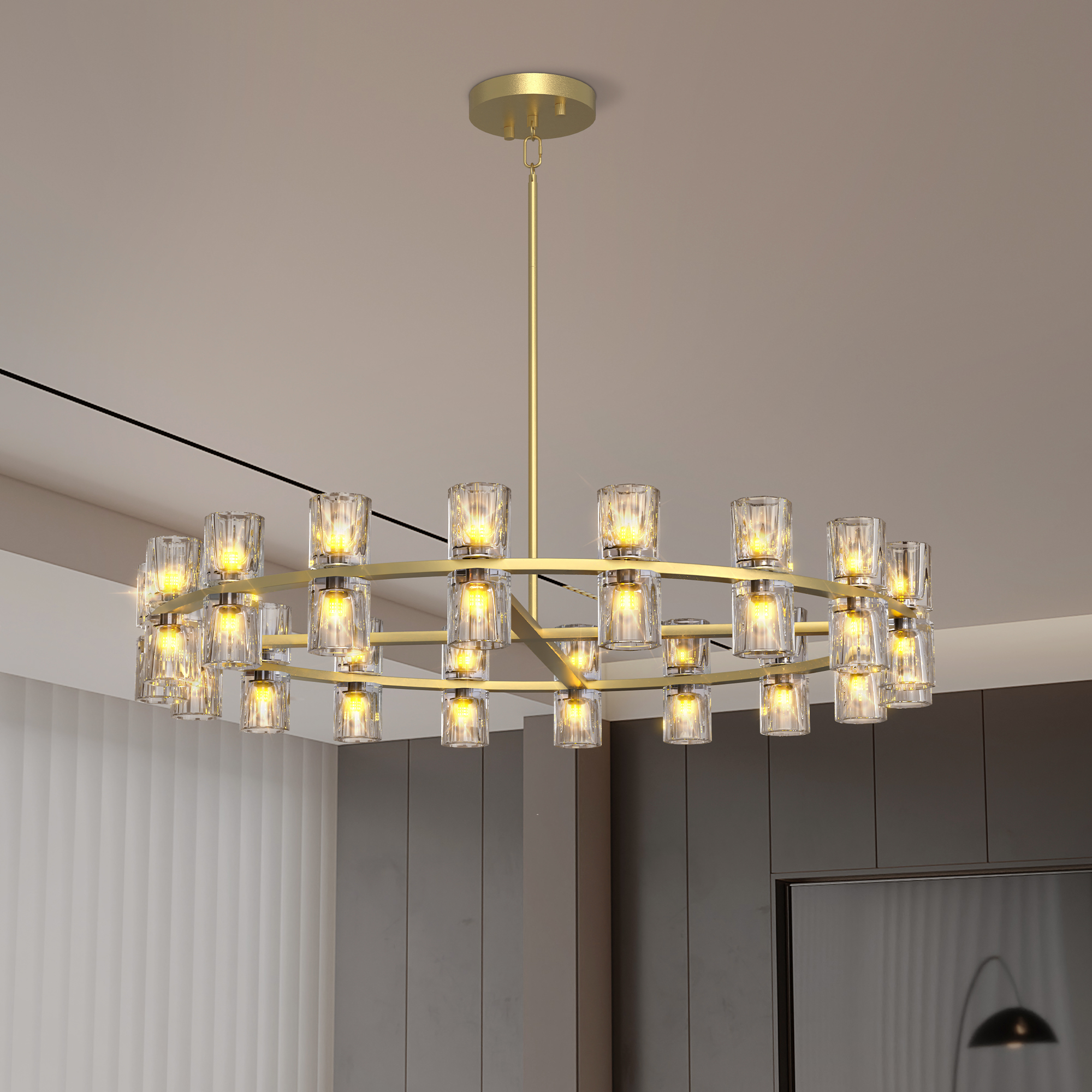 Modern 36″ Gold Round Chandelier Light Fixture, K9 Crystal Chandeliers for Dining Room, Living Room, Dining Room Chandeliers Over Table, Chandelier for Bedroom, Foyer, Includes 36XG4 Bulbs