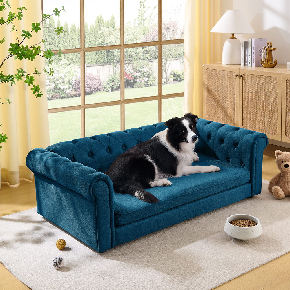 Elegant rectangular pet bed for big and oversized dogs, durable elevated dog sofa bed, comfortable dog sofa, modern and fashionable linen fabric dog sofa-DARK BLUE