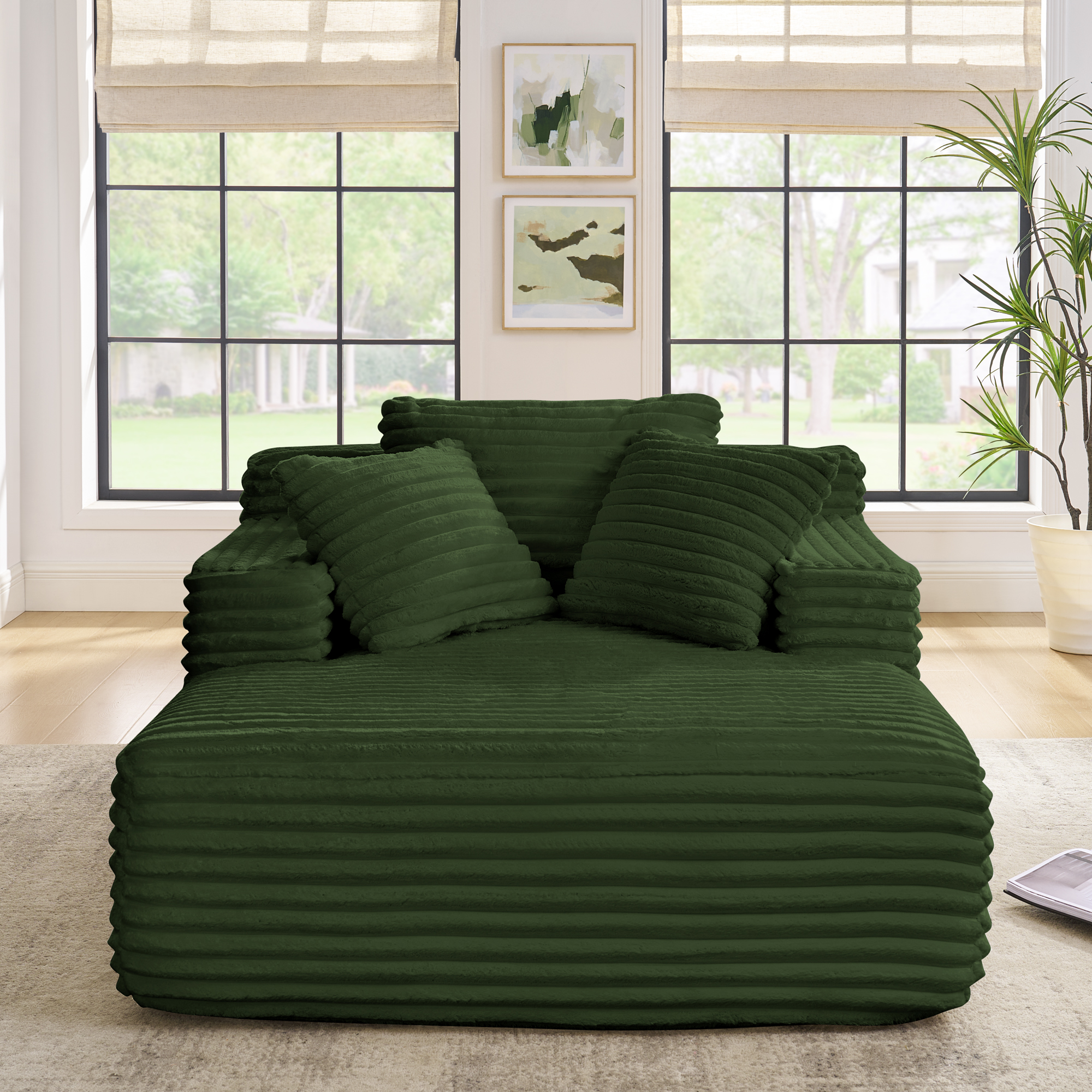 Living Room Compressed Chaise Lounge Foam Sofa bed, Fluffy Corduroy Upholstered Cloud Couch with Deep Seat, Green