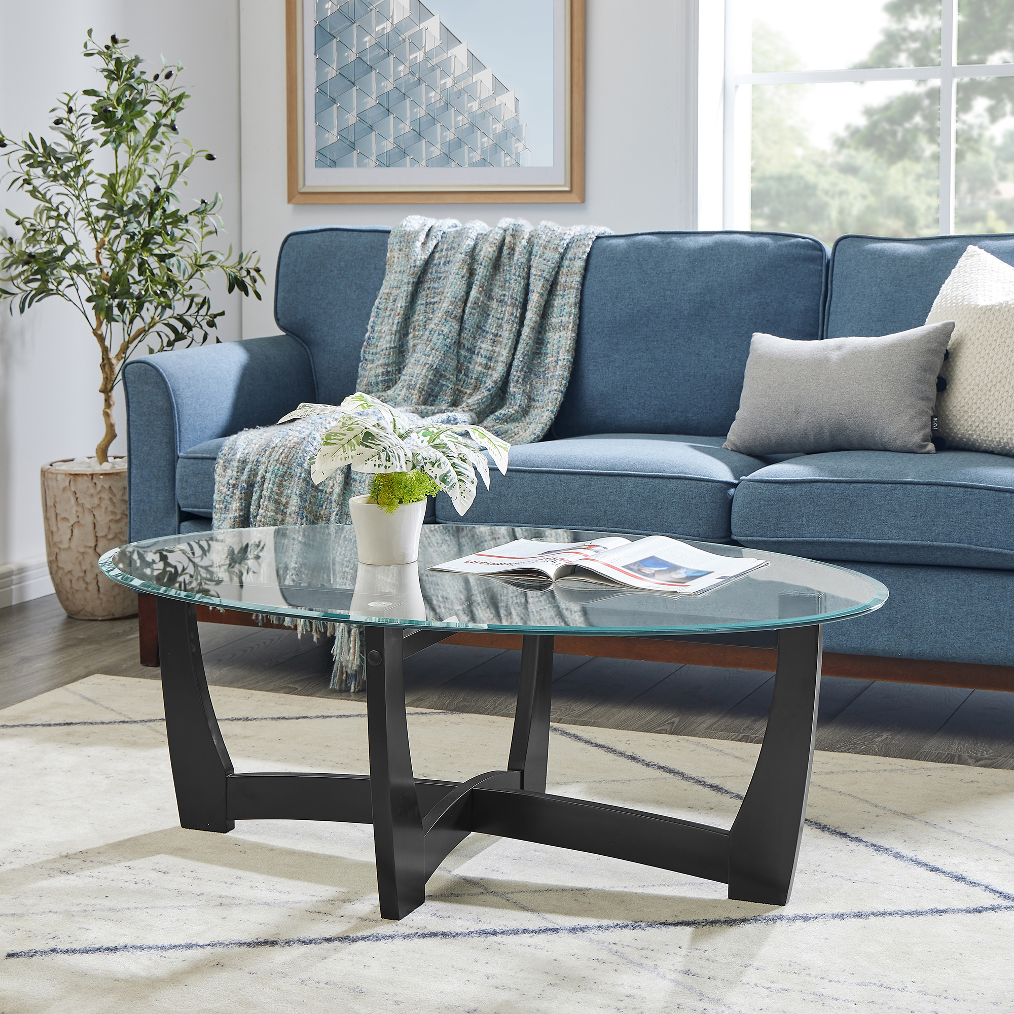 48 Inch Oval Glass Coffee Table, Black Round Coffee Table Center Table with Glass Top, Small Coffee Table for Living Room, Office and Apartment