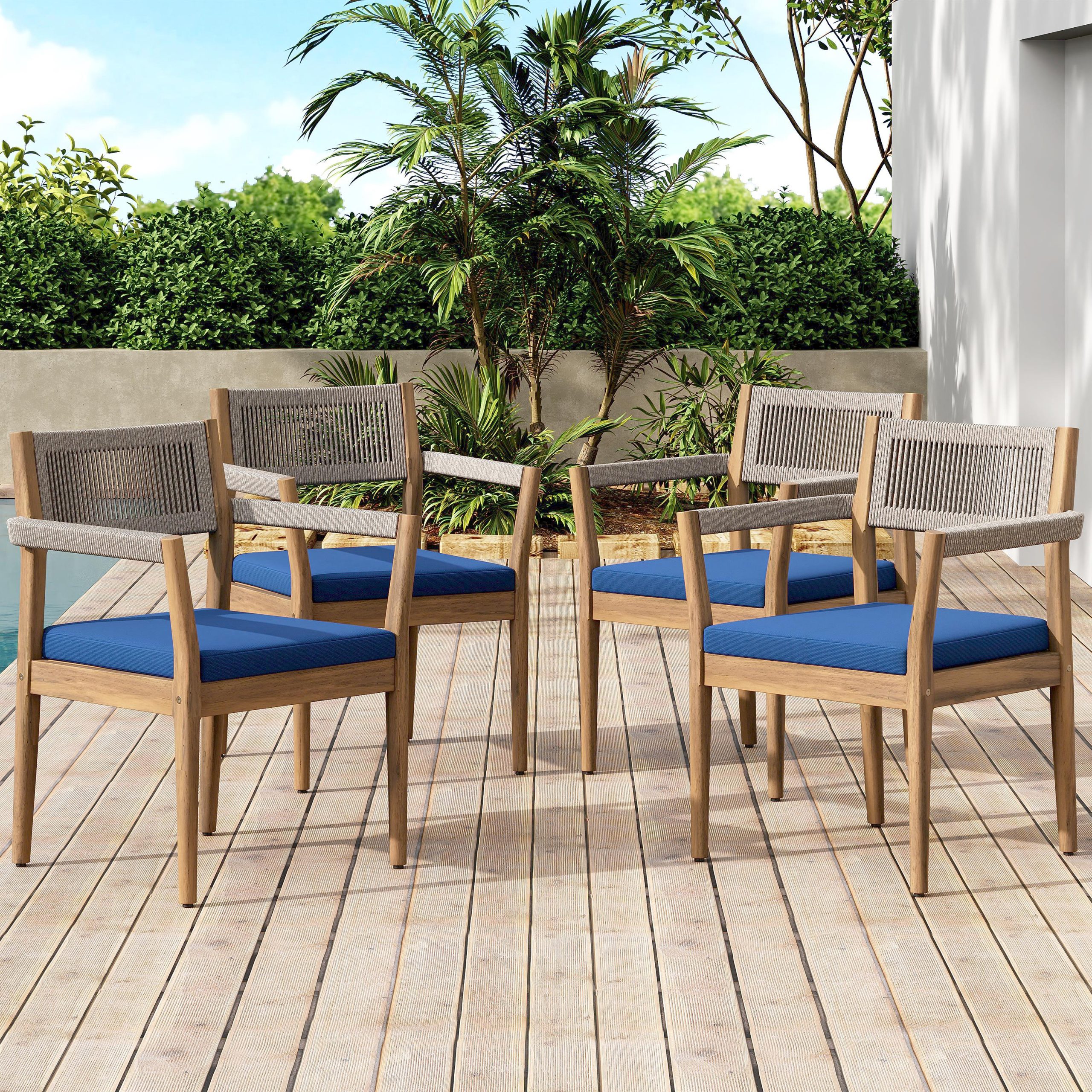 Braided Acacia Wood Outdoor Dining Chairs Set of 4 – Teak Look with Beige Rope & Navy Cushions,All-Weather Patio Furniture for Garden, Poolside, and Backyard (Durable & Stylish)