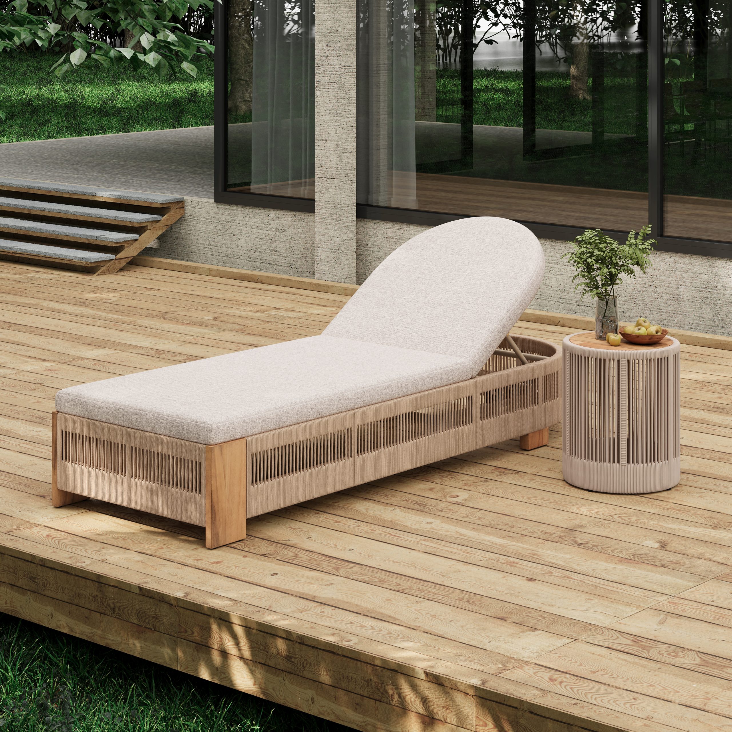 Outdoor Rope Chaise Lounge Set, Patio Lounge Chairs, Outside Poolside Lounge Furniture Set, Teak look wood Side Table and Beige Cushions, Chaise Lounge with Adjustable Backrest( Beige rope)