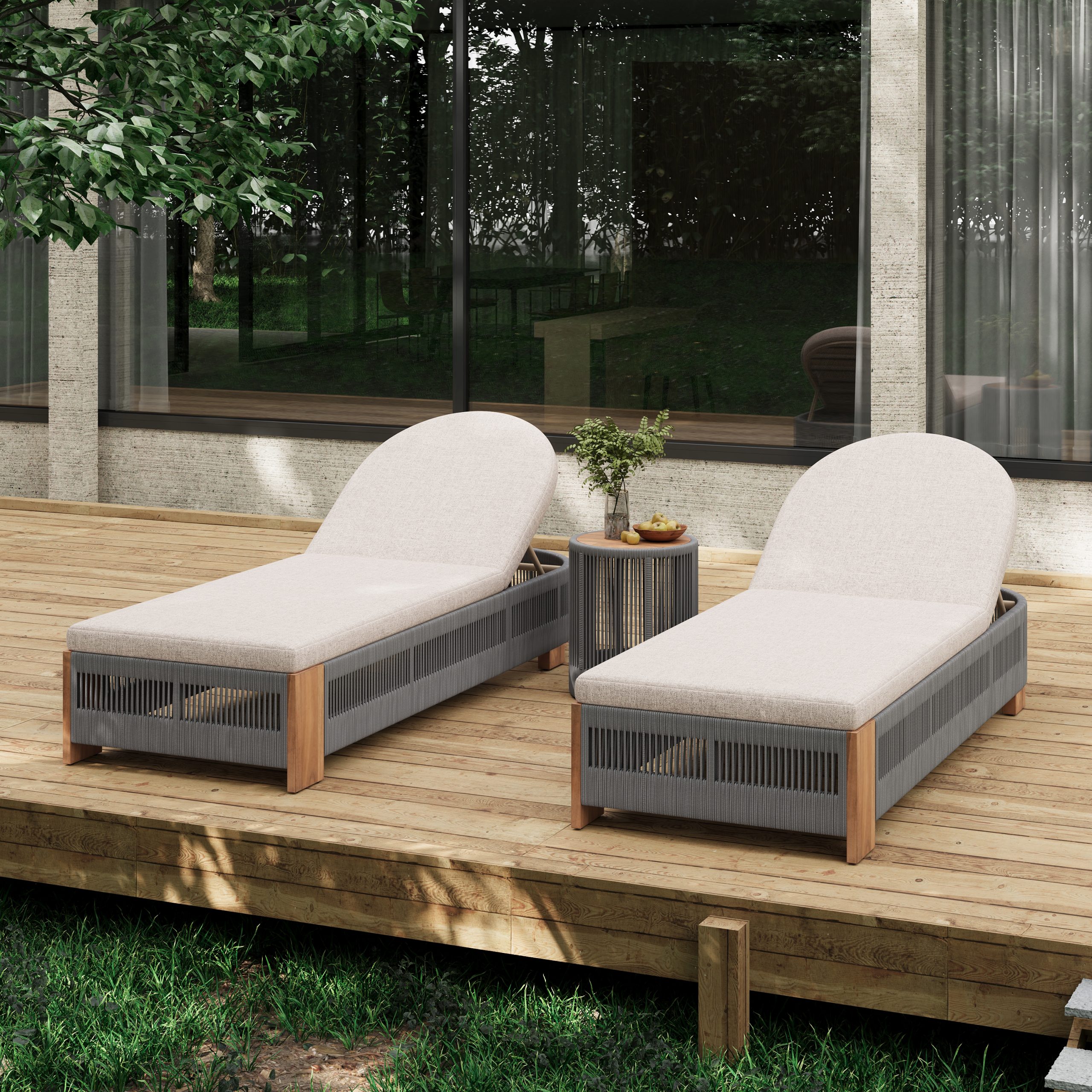 Outdoor Rope Chaise Lounge Set, Patio Lounge Chairs, Outside Poolside Lounge Furniture, Teak look wood Side Table and Beige Cushions, Chaise Lounge with Adjustable Backrest( Grey rope)
