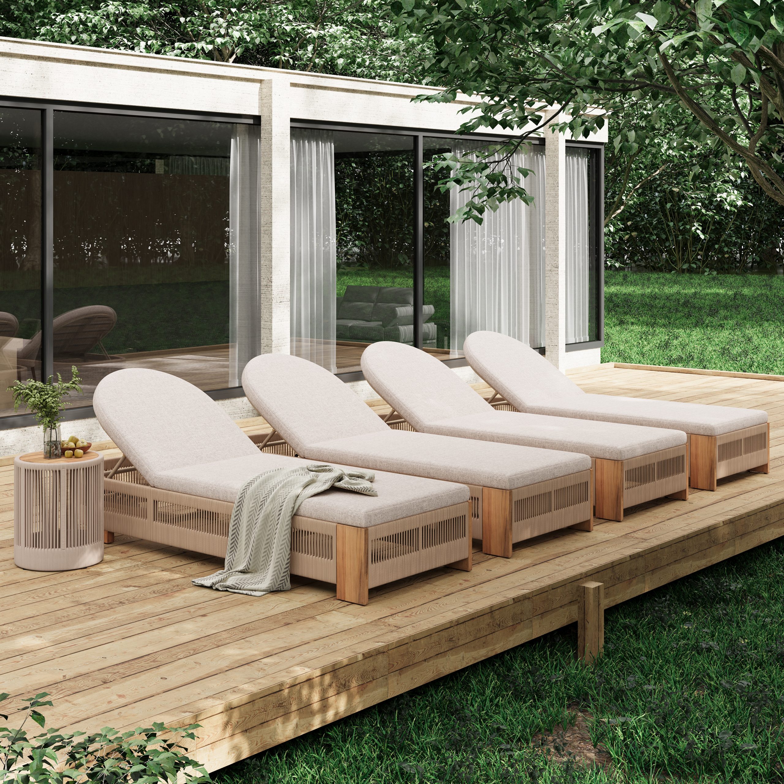 Outdoor Rope Chaise Lounge Se, Patio Lounge Chairs, Outside Poolside Lounge Furniture, Teak look wood Side Table and Beige Cushions, Chaise Lounge with Adjustable Backrest( Beige rope)
