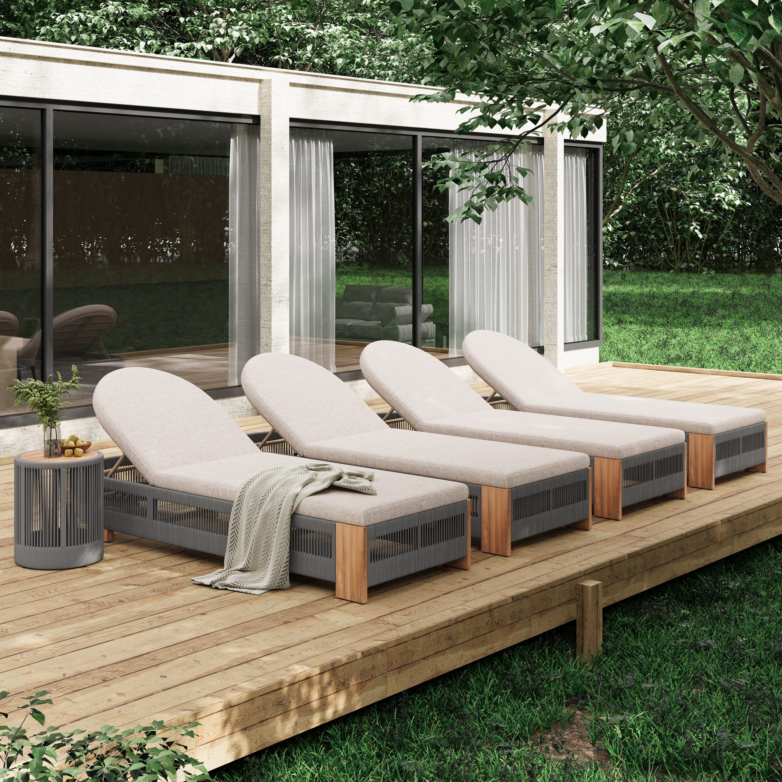 Outdoor Rope Chaise Lounge Set , Patio Lounge Chairs, Outside Poolside Lounge Furniture, Teak look wood Side Table and Beige Cushions, Chaise Lounge with Adjustable Backrest( Grey rope)
