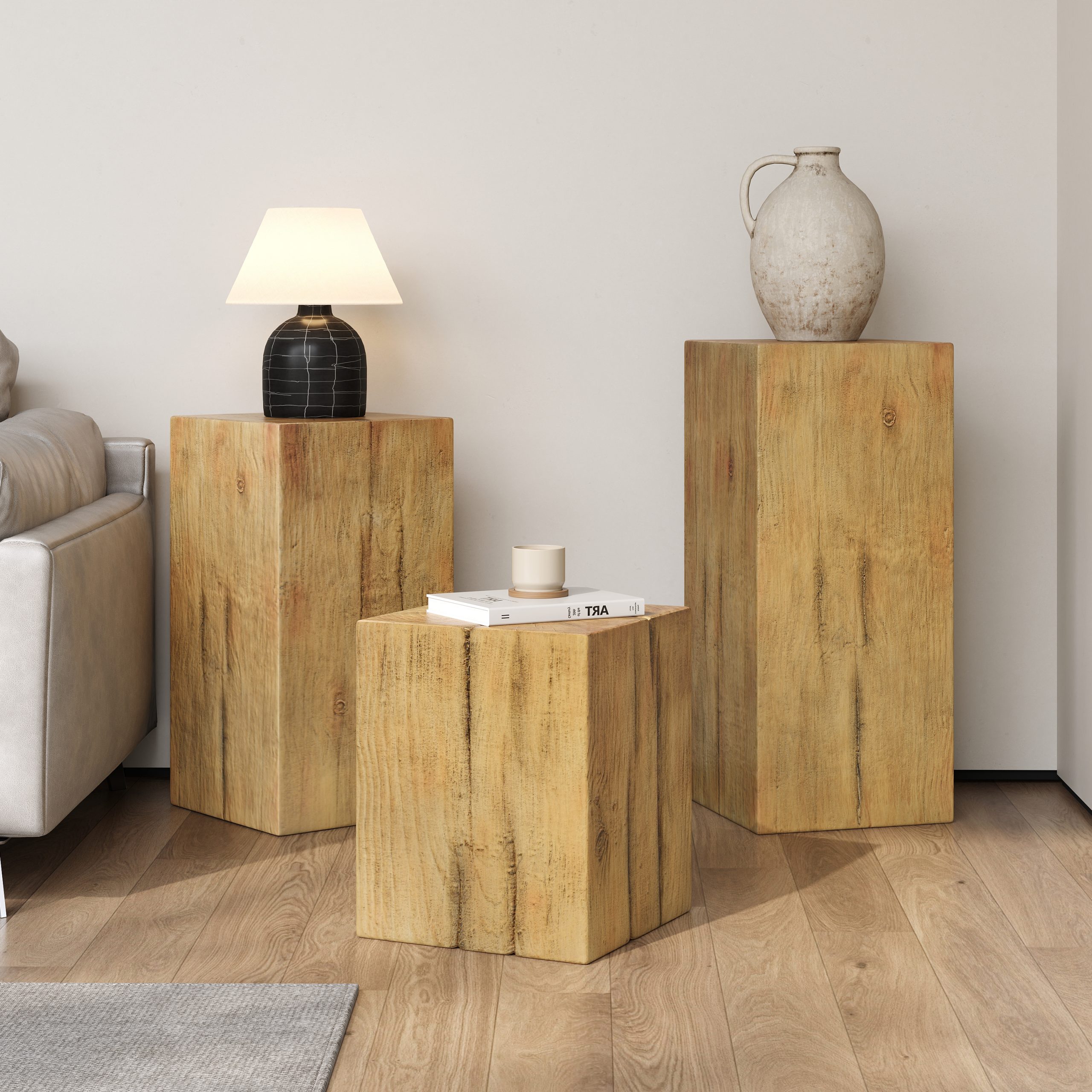 Retro natural style Side Table Set ,Stackable End Tables,Square-Column MGO Side Table for for Living Room, Bedroom, Office, Natural Color