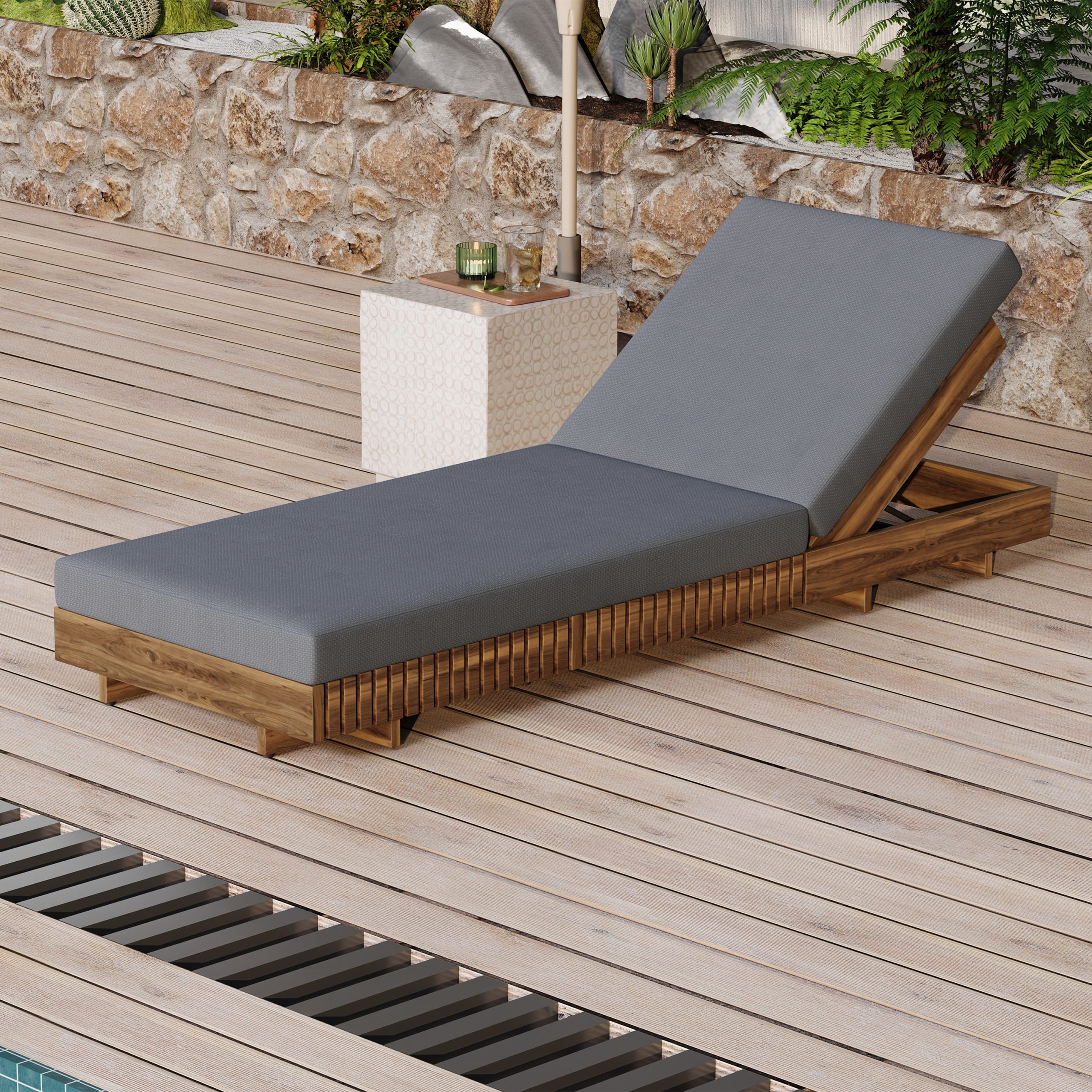 Lounge chaise Set, Acacia solid wood with LOUNGE CUSHION (Dark Grey) – Matching Cream Version Available