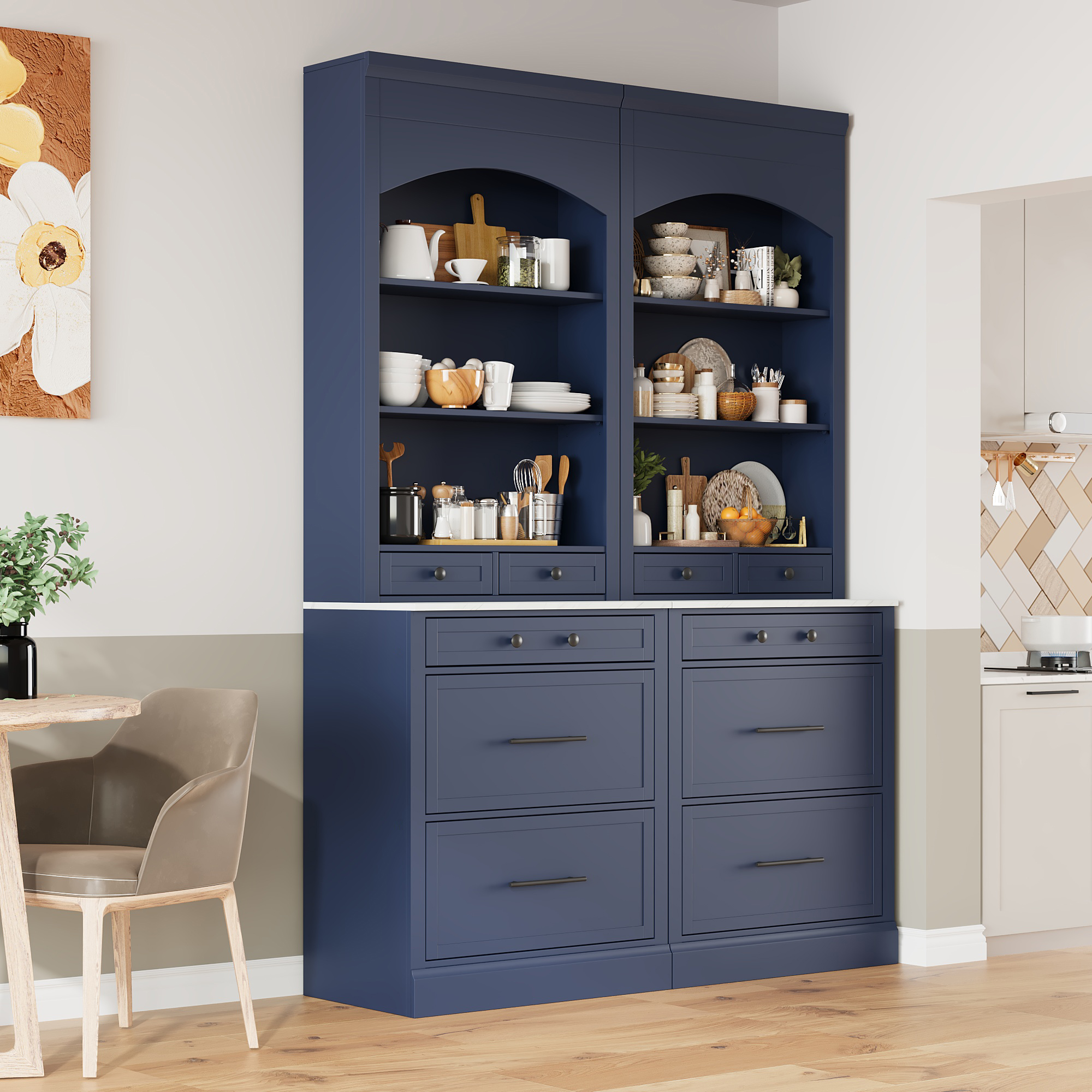 [Assembly Video Provided] TOPMAX Modern 83.7inch High Kitchen Pantry, Freestanding Tall Kitchen Hutch with Faux Marble Top,Cupboard Cabinet with 5 Storage Drawers and Adjustable Shelf, Set of 2, Blue