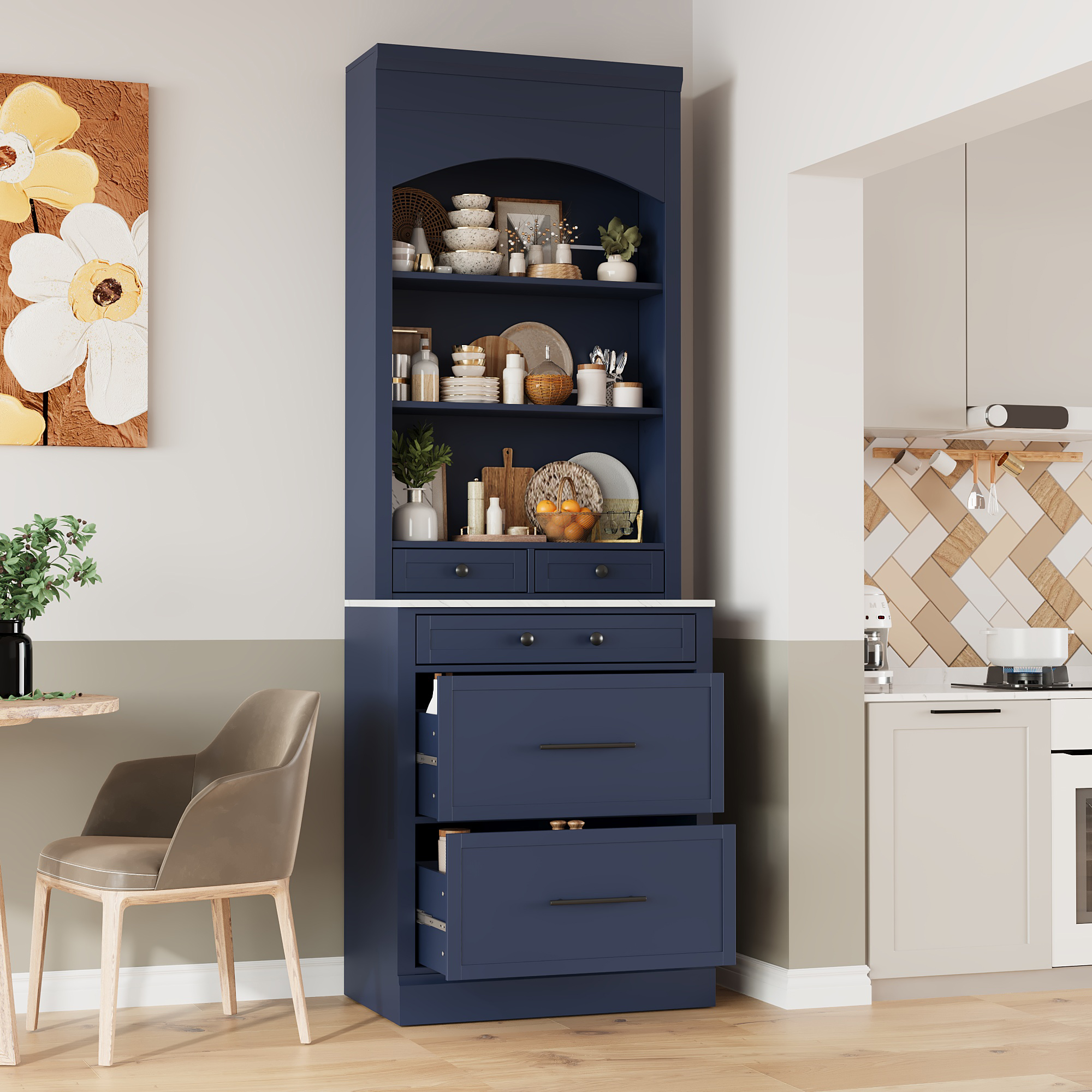 [Assembly Video Provided] TOPMAX Modern 83.7inch High Kitchen Pantry, Freestanding Tall Kitchen Hutch with Faux Marble Top, Display Cupboard Cabinet with 5 Storage Drawers and Adjustable Shelf, Blue