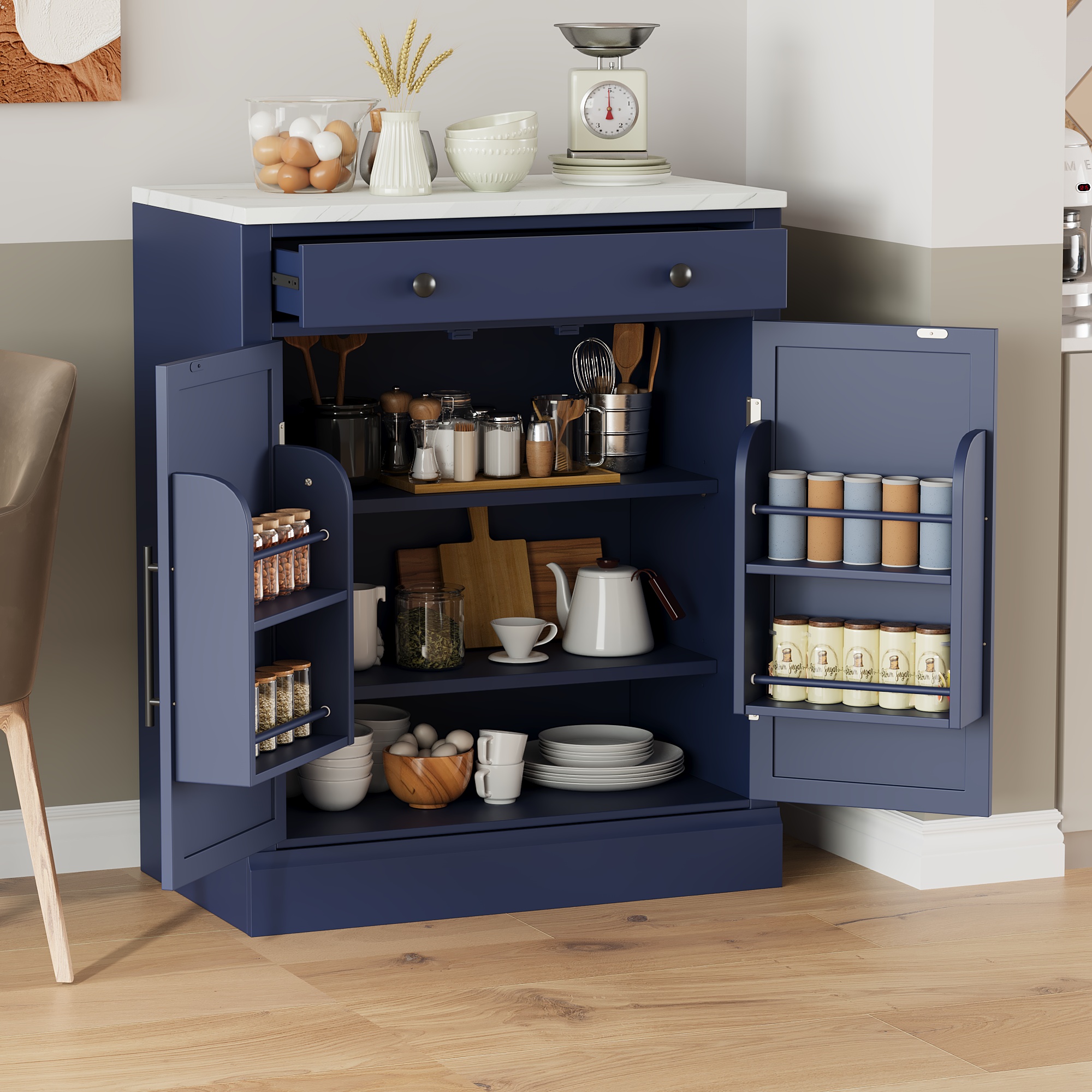 [Assembly Video Provided] TOPMAX Modern Freestanding Kitchen Pantry,Buffet Food Storage, Coffee Bar Cabinet with Drawer, 2 Adjustable Shelves and 2 Door Shelves for Dining, Kitchen, Blue