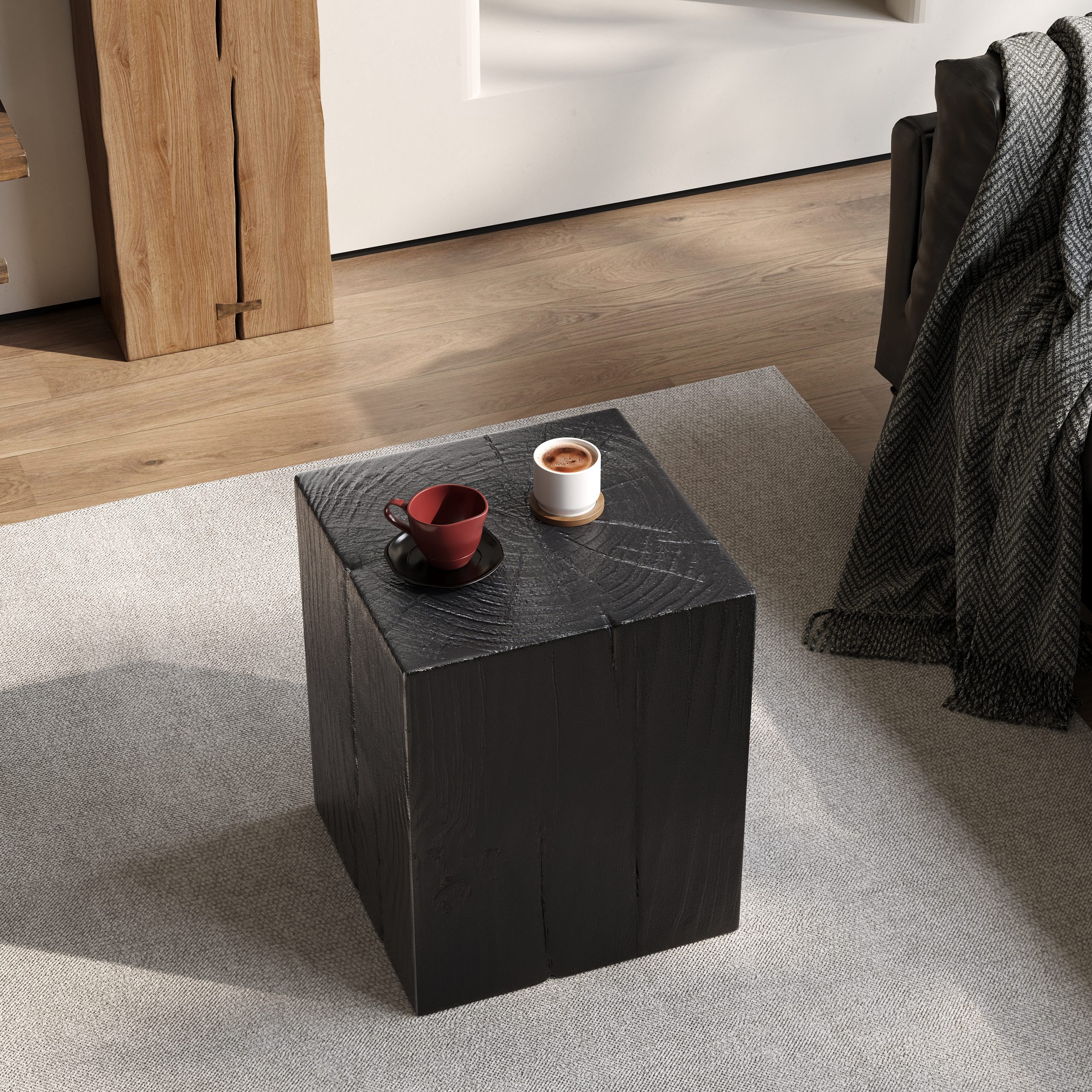 Wood-Look Square-Column MGO End Table, H18″,Wood-Like Distressed Finish, Mix with Different Heights, Indoor Outdoor Use,Black Color