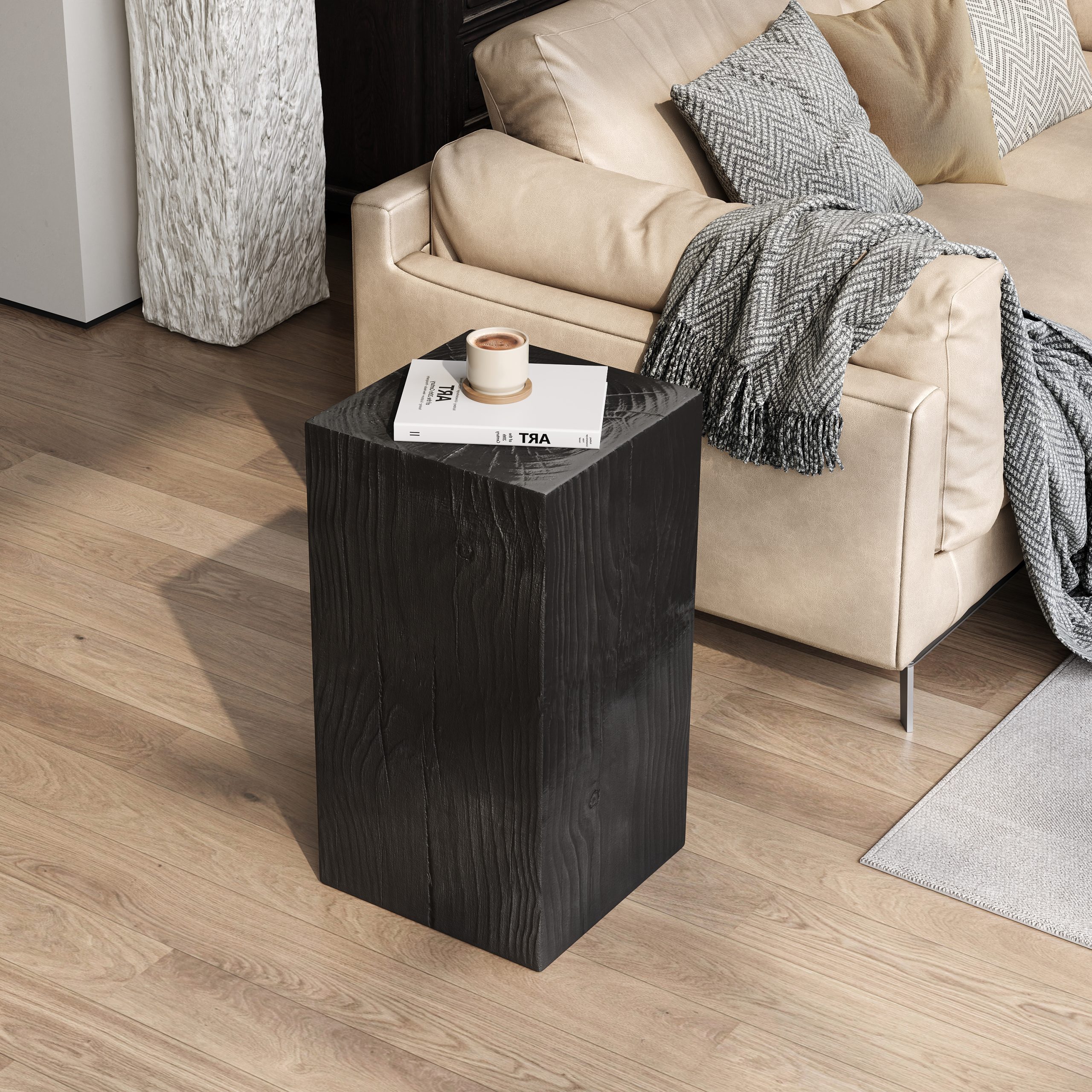 Wood-Look Square-Column MGO End Table, H27.75″,Wood-Like Distressed Finish, Mix with Different Heights, Indoor Outdoor Use,Black Color